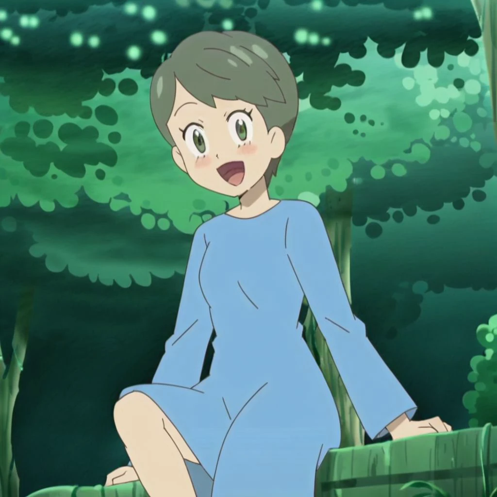 anime screencap, anime coloring, 1girl, solo,short hair, green hair, blue dress, long sleeves, green eyes,, small breasts, smile, sitting, open mouth, blush, leg lift, leg up