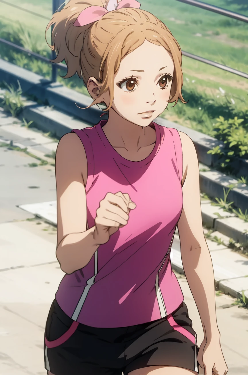 Azusa_Murasaka, eyelashes, shorts, sleeveless, black shorts, pink shirt, pink sleeveless t-shirt
