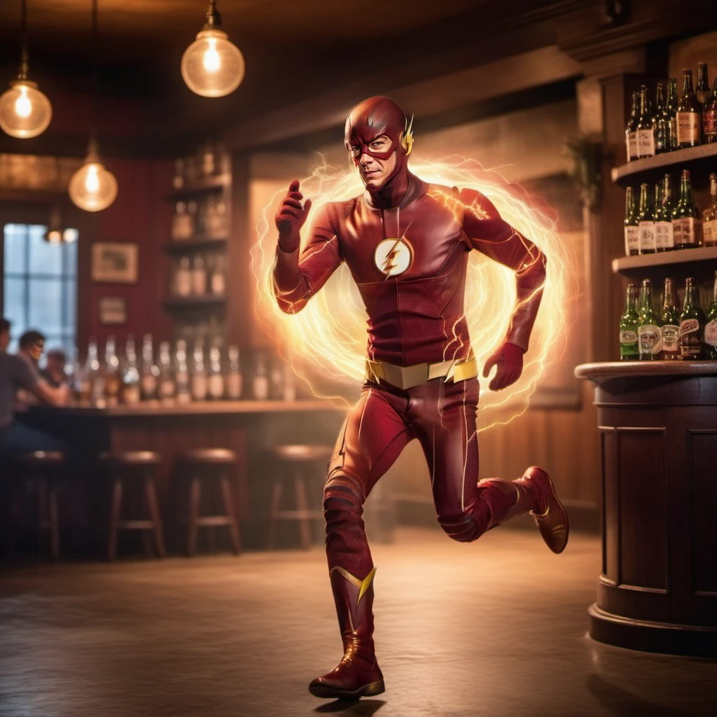 Long exposure photo of a full body The Flash having a beer in a pub <lora:TheFlashCW1024:0.8> . Blurred motion, streaks of light, surreal, dreamy, ghosting effect, highly detailed