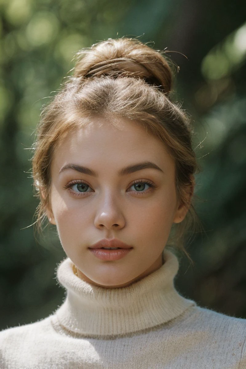headshot of S376_HannaEdwinson,a gorgeous woman,in a (forest:1.1),wearing a (cowlneck:1.1),(hair-bun),(4k, RAW photo, best quality, 35mm, depth of field, ultra high res:1.1),(intricate, photorealistic, cinematic-shot, masterpiece, ultra-detailed:1.1),