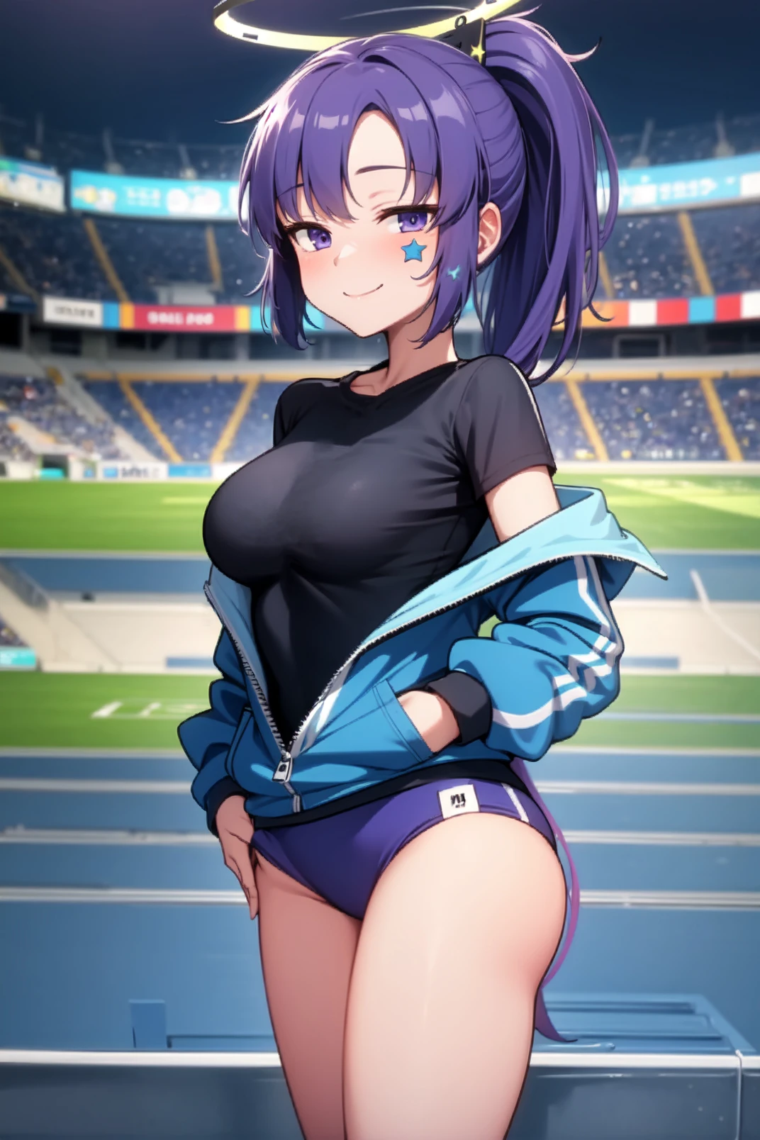 mastute piece,Best Quality,insanely detailed,8k cg,nsfw,
(shoot upper body:1.3),
(1girls:1.3),standing,looking at viewr,body in front,both arms behind back,(school-tracksuit:1.3,buruma:1.3),(bare breasts:1.1),(bare nipples:1.1),
break,
blush,shy,(ecstasy face),(trembling:1.2),break,(blue hair:1.2),
break,
perfect breasts,perfect teats,(open mouth:0.9),(large breasts:1.2),
(outdoor sports field)、