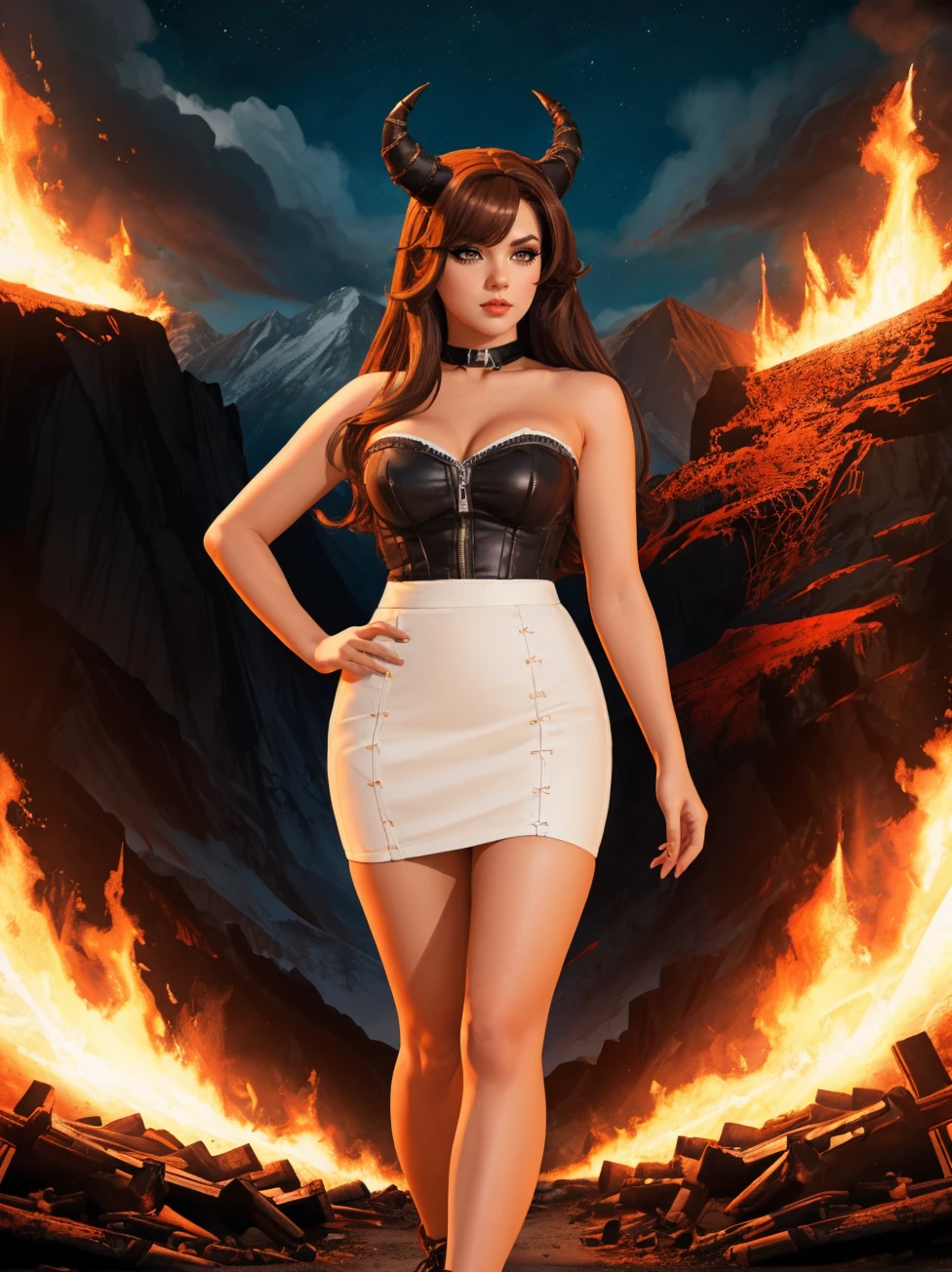 full body, highres, 8k, eyeliner, eyeshadow, makeup, dr3ss, white bustier, zippers, (cross-laced pencil skirt), strapless,  <lora:Outfit_soph-BodyconLacedCorsetSkirt:0.5>,hud_hrnd_wg, long brown wig, horns, <lora:hornedwig-000014:0.6>, The Mountain of Fire