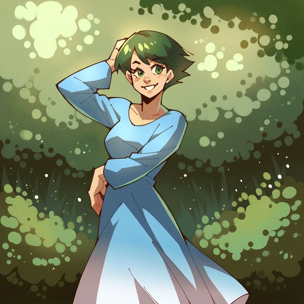 score_9,score_8_up,score_7_up,score_6_up,score_5_up,score_4_up, 1girl, solo,short hair, green hair, blue dress, long sleeves, green eyes,, medium breasts, breasts, smile, standing, outdoors, realistic, lips, eyelashes