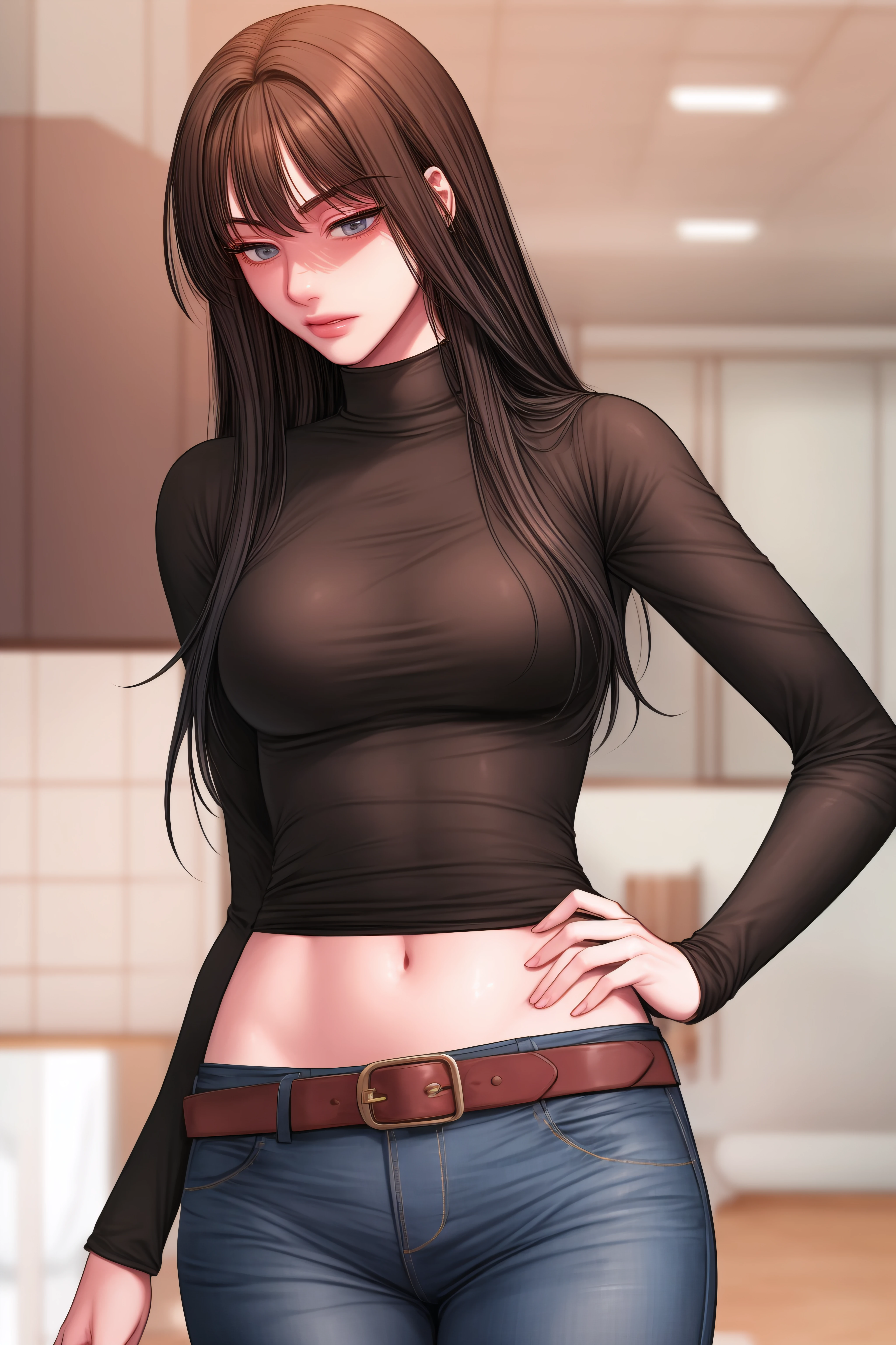 (masterpiece, best quality),<lora:Kang Yuna-lora-Faxtron:1> kang yuna, blueish-gray eyes, black hair, long hair, medium breasts, navel, belt, black turtleneck, long sleeves, blue jeans, brown knee boots,
<lora:add_detail:1>