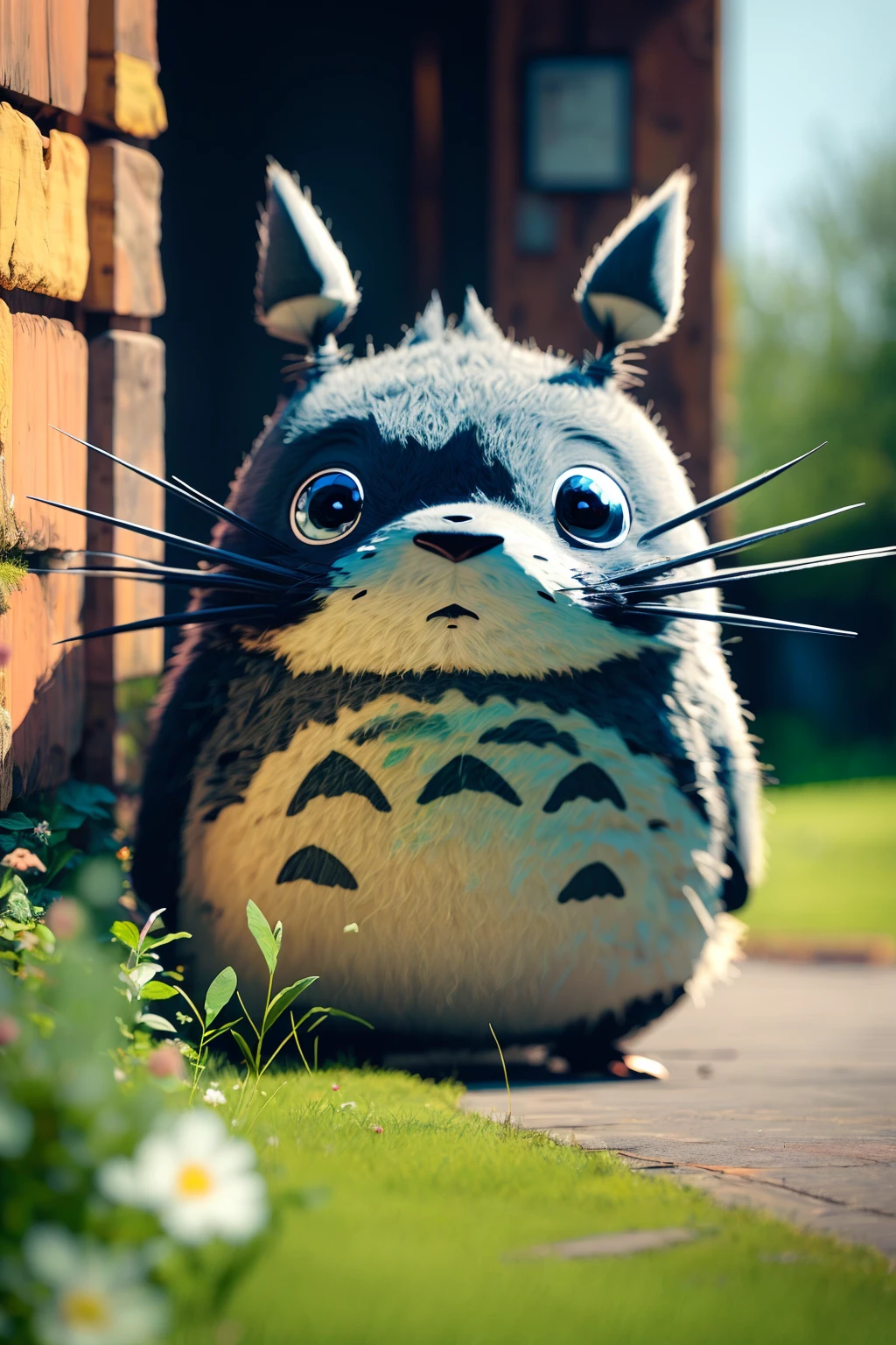 masterpiece,best quality,looking at viewer, peeking out, outdoors, day, no humans, blurry, animal, blurry background, animal focus, watermark, totoro