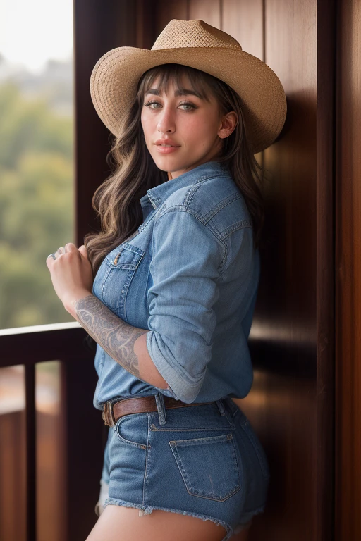 DEN_felline_SG,
country beauty posing against a wooden fence with a plaid shirt and jeans and a cowboy hat, cow girl, country girl, cow girl,
bokeh, f1.4, 40mm, photorealistic, raw, 8k, textured skin, skin pores, intricate details <lora:epi_noiseoffset2:1>, epiCRealism <lora:ClothingAdjuster3:-1.3>
