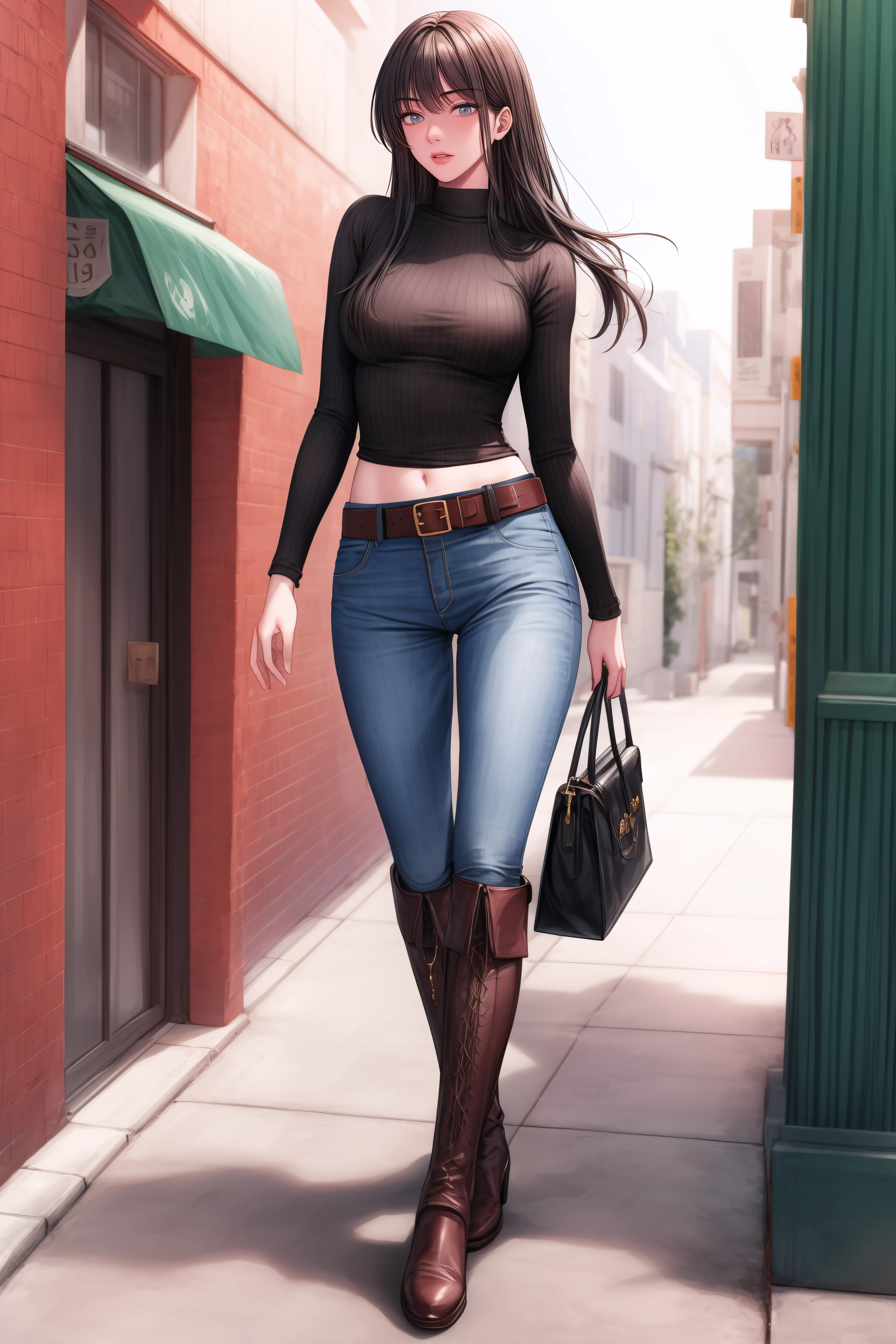 (masterpiece, best quality),<lora:Kang Yuna-lora-Faxtron:0.8> kang yuna, blueish-gray eyes, black hair, long hair, medium breasts, navel, belt, black turtleneck, long sleeves, blue jeans, brown knee boots,
<lora:add_detail:1>