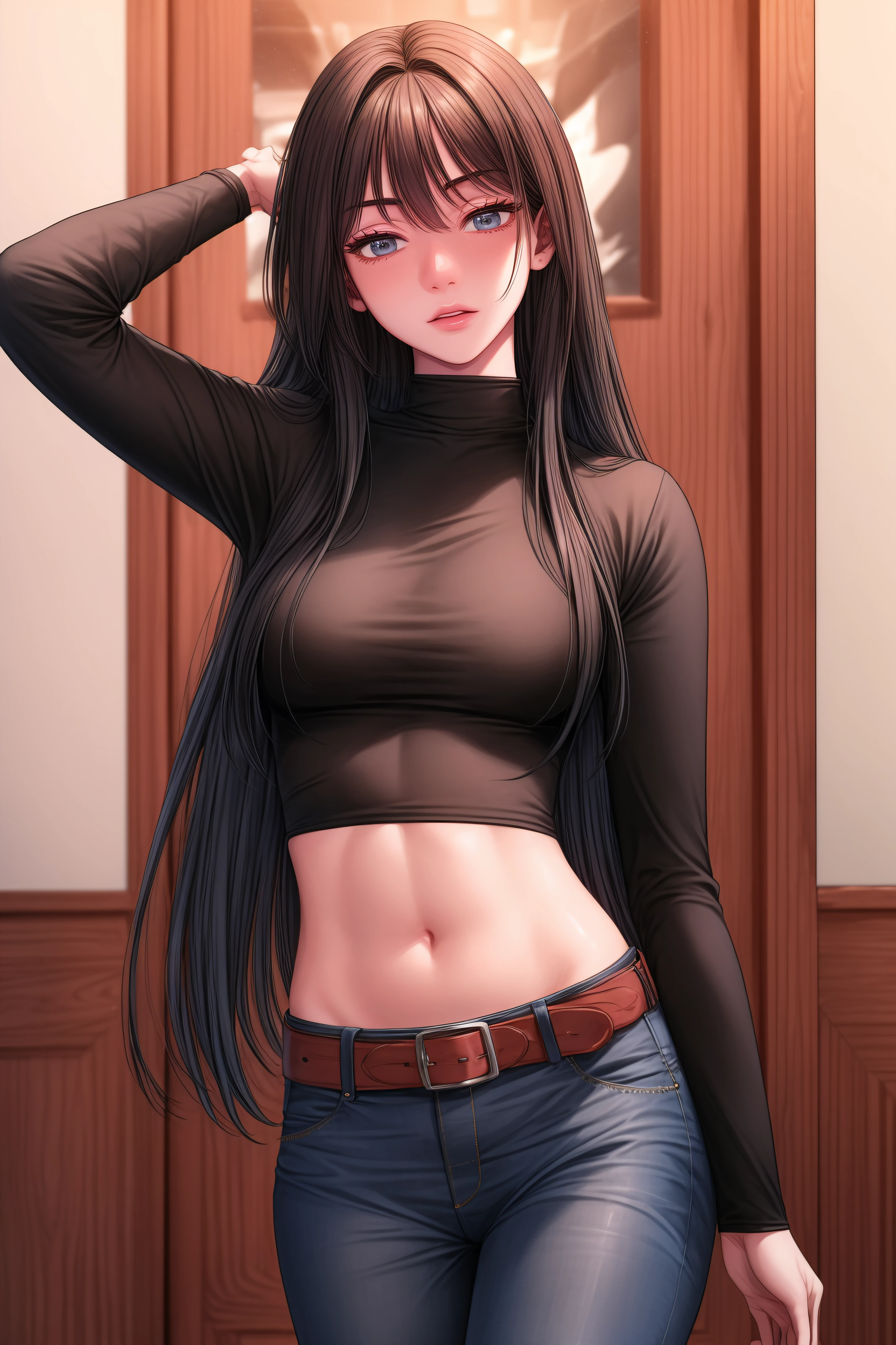 (masterpiece, best quality),<lora:Kang Yuna-lora-Faxtron:0.8> kang yuna, blueish-gray eyes, black hair, long hair, medium breasts, navel, belt, black turtleneck,  long sleeves, blue jeans, brown boots,
<lora:add_detail:1>