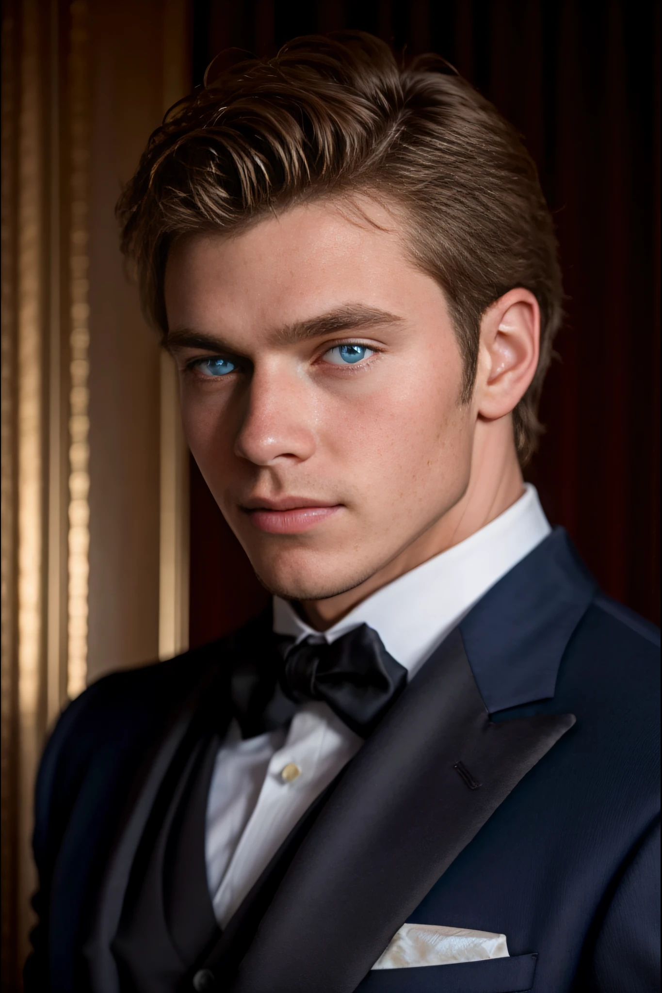 <lora:Jon-Erik_Hexum_1.5_GV:1> 1boy, An incredibly attractive, beautiful young brown haired, blue-eyed man, portrait, nice suit