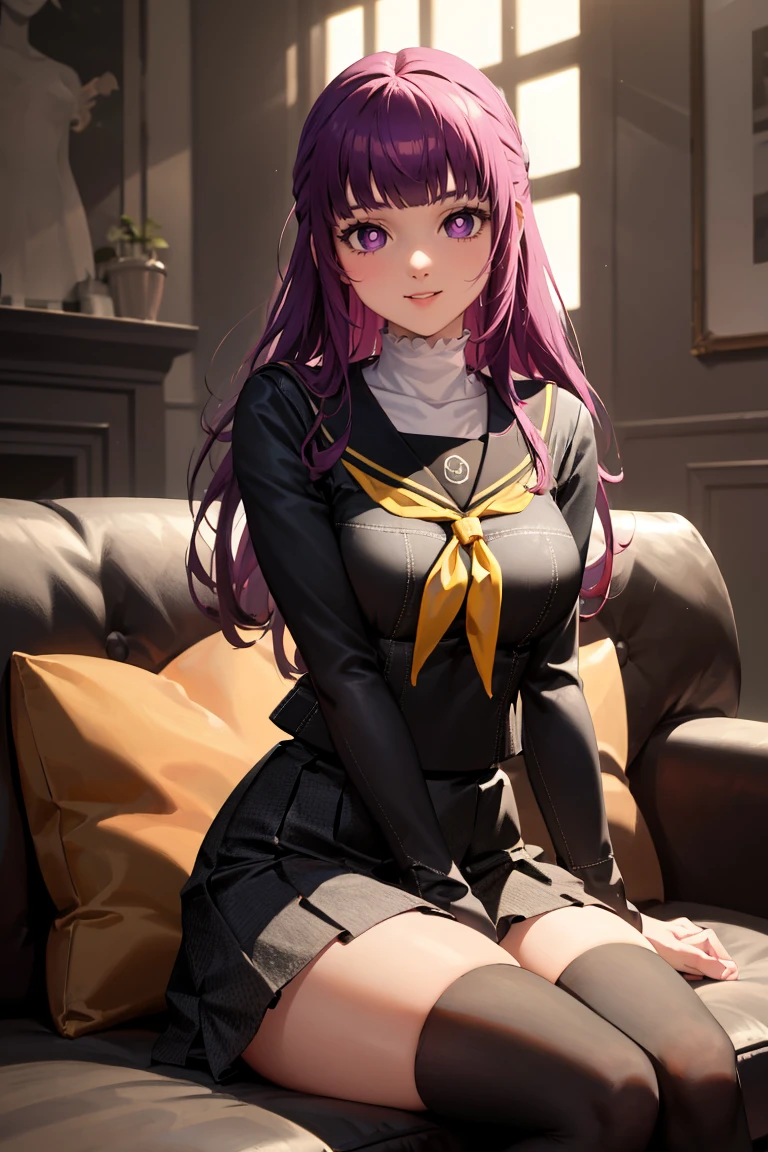 masterpiece, best quality, absurdres, 1girl, solo, FernFrieren, purple pupils, long hair, half updo, YasogamiFemaleWinter, black shirt, long sleeves, black sailor collar, yellow neckerchief, grey skirt, black thighhighs, indoors, sitting, on couch, smile, <lora:CONCEPT-YasogamiSchoolUniform:1>, <lora:FernV2:1>