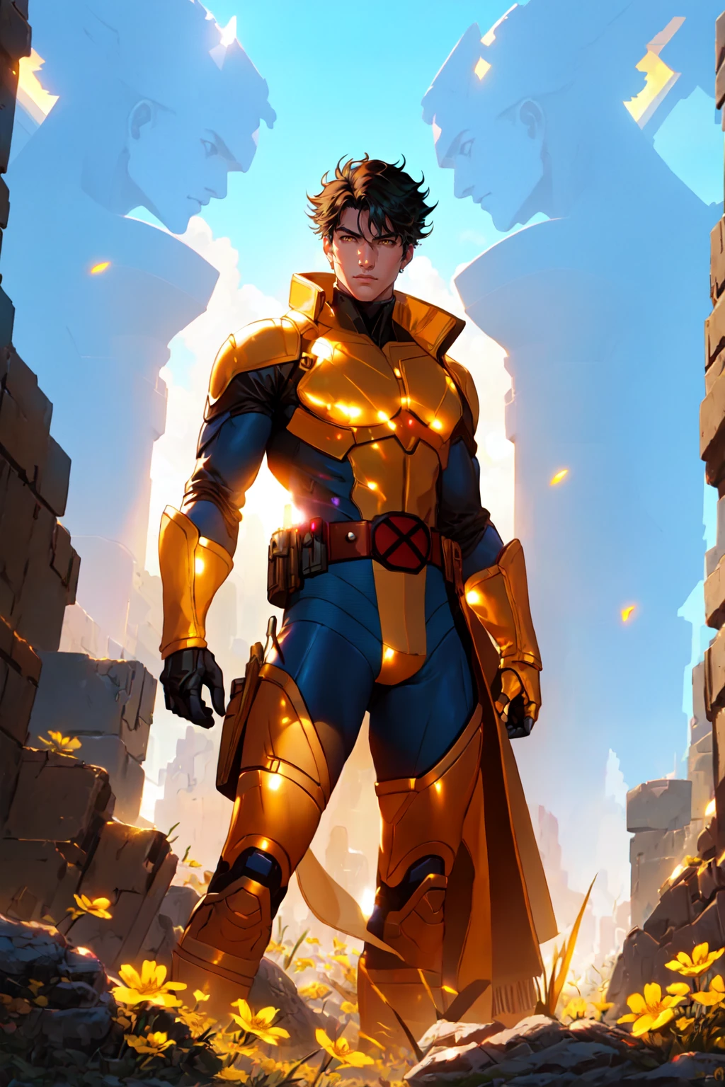 (masterpiece, best illustration, extreme light and shadow), xmblzxl, 1boy, male focus, black hair, short hair, yellow eyes, BREAK belt, bodysuit, two tone bodysuit, yellow bodysuit, blue bodysuit, depth of field, (mature), outdoors, battlefield, perfect face, side lighting, lustrous skin, (bloom), (shine), <lora:XMenblue15:1>