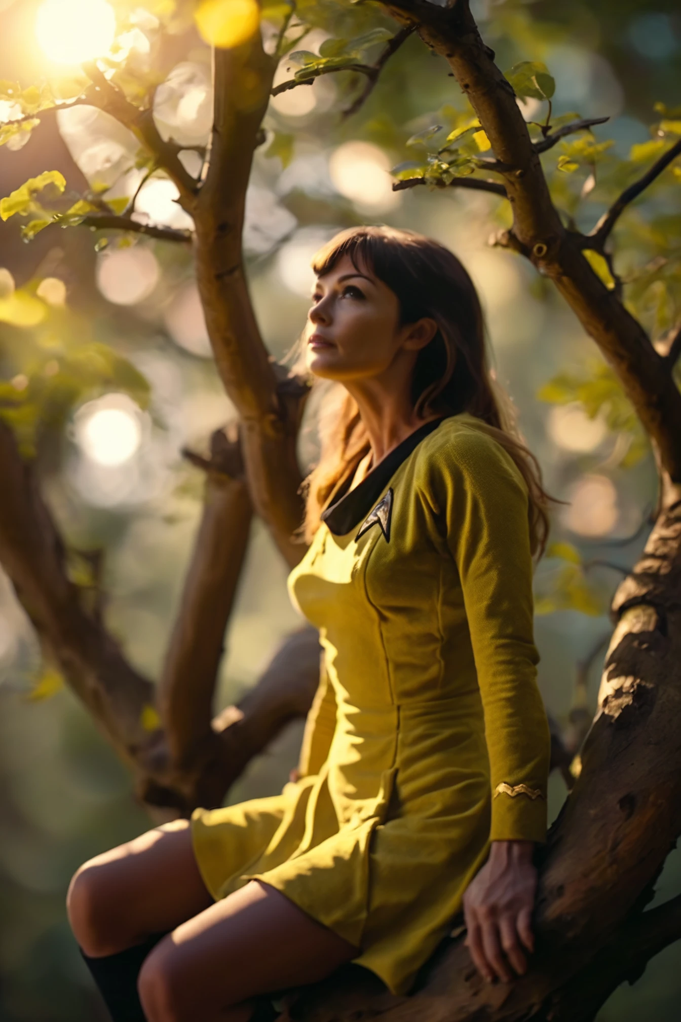 woman in a yellow (startrektos short dress with long sleeves:1.1), sitting on a tree branch,looking up,
masterpiece, best quality, soft light, bokeh, real shadow, cinematic, subsurface scuttering <lora:TOSXL-000040:0.8>