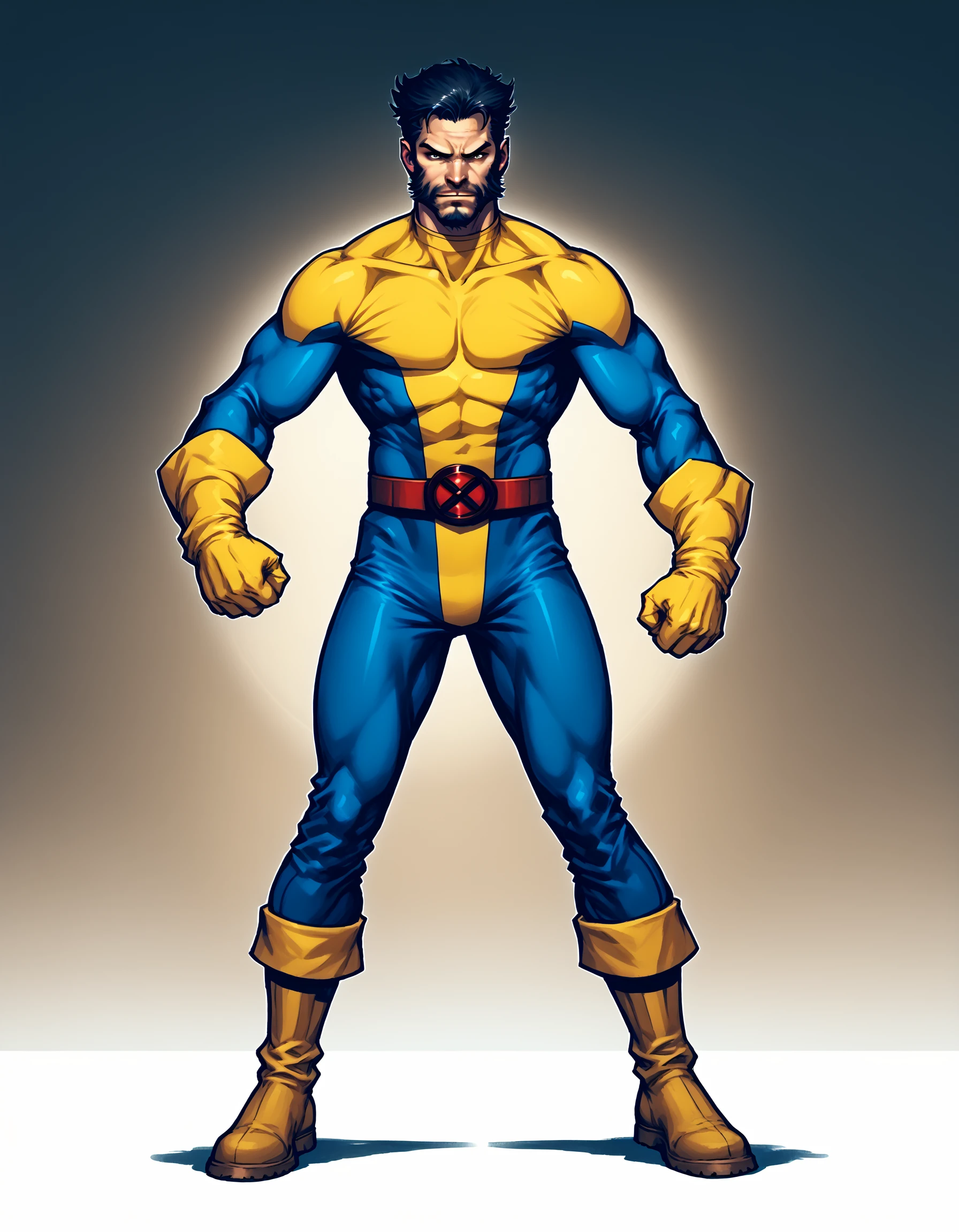 xmblzxl, 1boy, male focus, (Wolverine), solo, beard, facial hair, muscular, bodysuit, boots, gloves, adamantium claws, black hair, belt, two tone bodysuit, yellow bodysuit, blue bodysuit, PnyCmicXLPOS, <lora:XmenBluPnyXL:0.85>