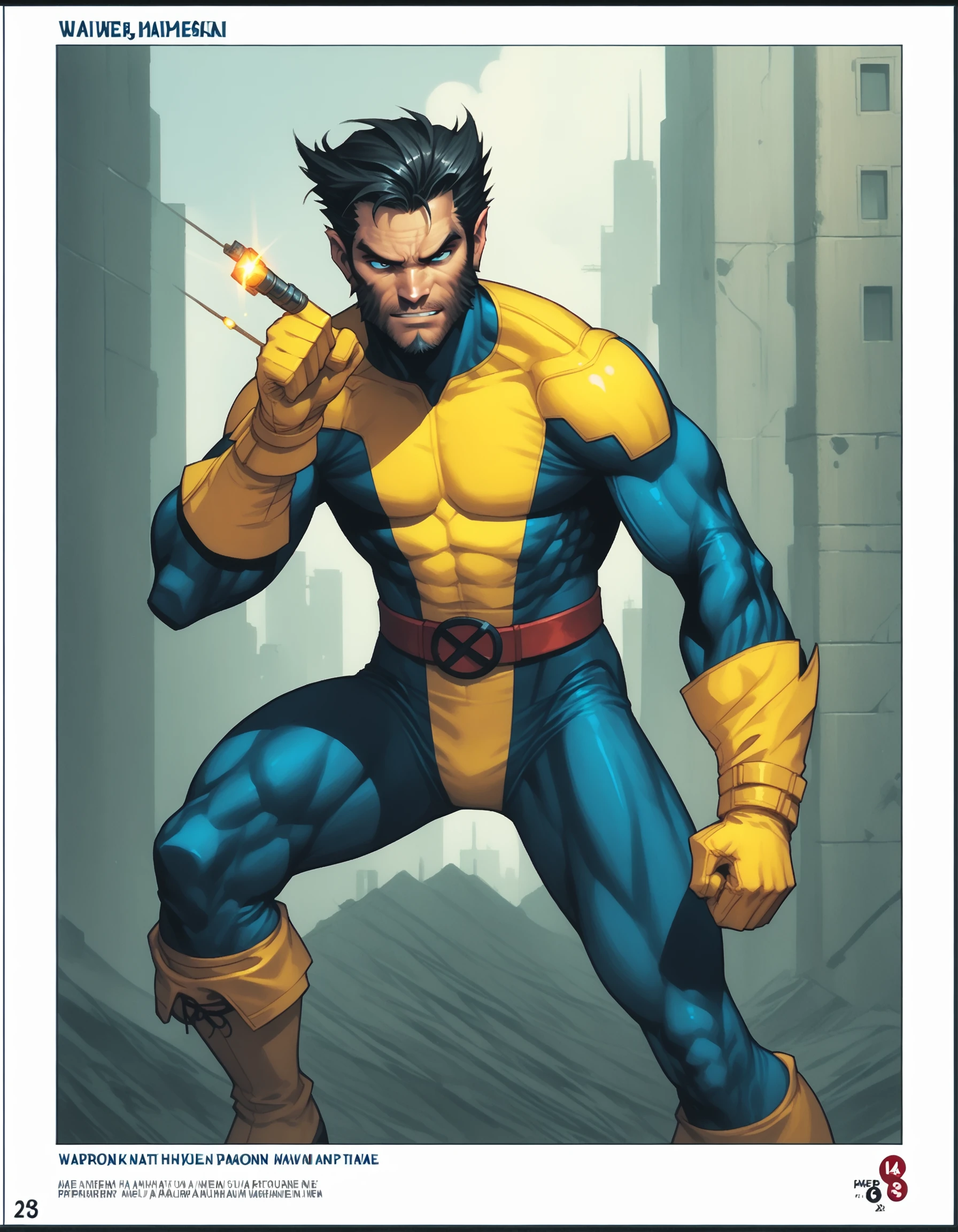 xmblzxl, 1boy, male focus, (Wolverine), solo, beard, facial hair, muscular, bodysuit, boots, gloves, black hair, belt, two tone bodysuit, yellow bodysuit, blue bodysuit, PnyCmicXLPOS, <lora:XmenBluPnyXL:0.85>