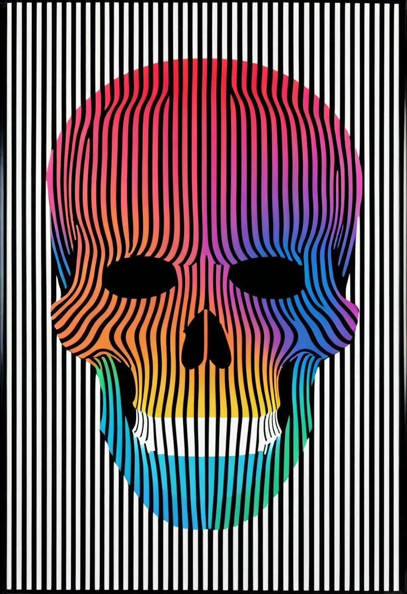 bw-grignani, emphasis lines, a colorful simplified skull RGB Gradient shape in love embedded in a flood Of bold perfect aligned lines, perfect vertical lines,