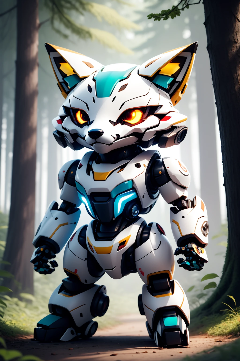 robotzoo, fox mecha, cute,  standing, glowing, looking at viewer, solo, full body <lora:ç»å¨æºç²å¨ç©å­robotzoo_v1.0:0.7>,forest,tree