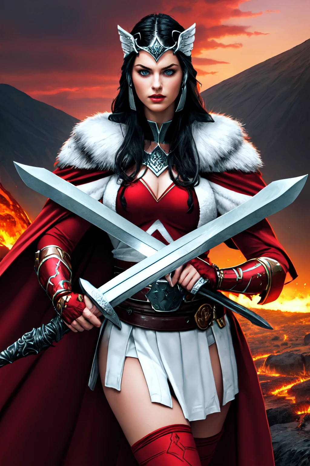 beautiful eyes, beautiful girl, high detail skin, high detail eyes, high detail hair, highres, ultra detailed, sharpen picture, Highly detailed, masterpiece, best quality, photorealistic,
 <lora:sifLoRA:0.8>1girl, black long hair, makeup, forehead protector, fur shoulders, elbow gloves, winged helmet, winged hair ornament, cape, breastplate, belt, skirt, thighhighs, cleverage, holding 2 swords crossed, angry, in hell, lava, red sky, blood rain