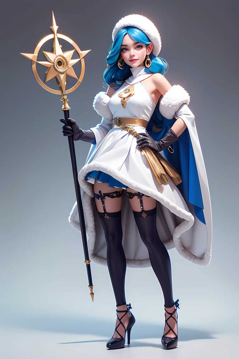 realistic, photorealistic, 1girl, solo, looking at viewer, smile, standing, full body, wangzhaojun cosplay costume, cosplay, blue hair, dress, detached sleeves, fur trim, elbow gloves, hat, bare shoulders, thighhighs, gradient legwear, high heels, blue high heels, holding staff, staff, grey background,