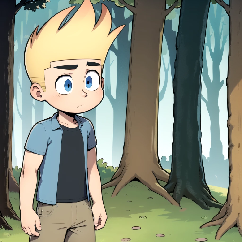 solo, 1boy, johnny test, blonde hair, blue eyes, shirt, short sleeves, open clothes, black shirt, brown pants, child,  ,  <lora:Johnny_Test_Leaf4:0.8>, cowboy shot, forest,