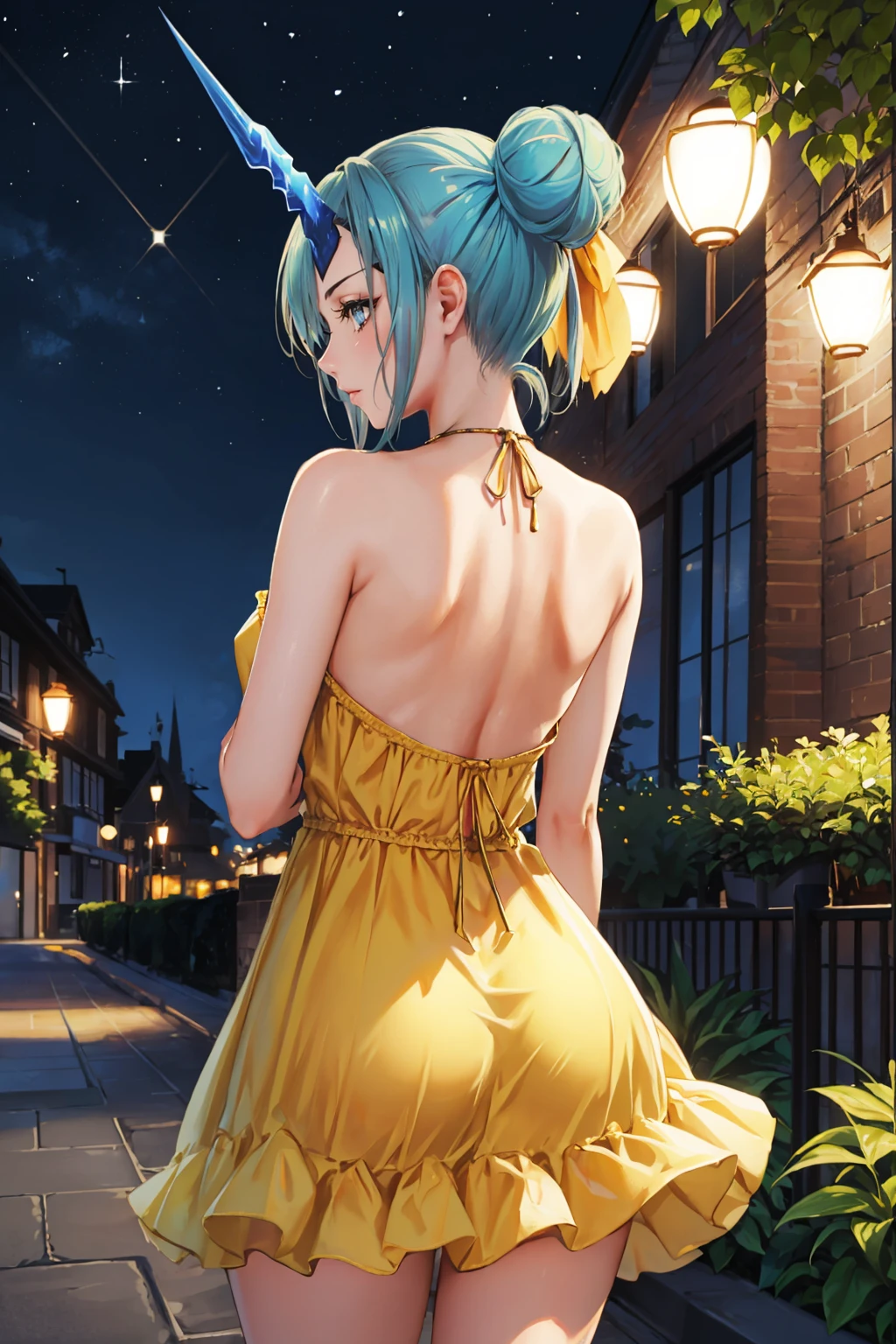 masterpiece, best quality, 1girl,  <lora:xctheory-nvwls-v1-000009:0.9> xcTheory, single hair bun, horns, hair ornament, eyepatch, yellow sundress, from behind, night sky, garden  <lora:edgChamYellowSundress:0.4> edgYSD,woman wearing a yellow sundress