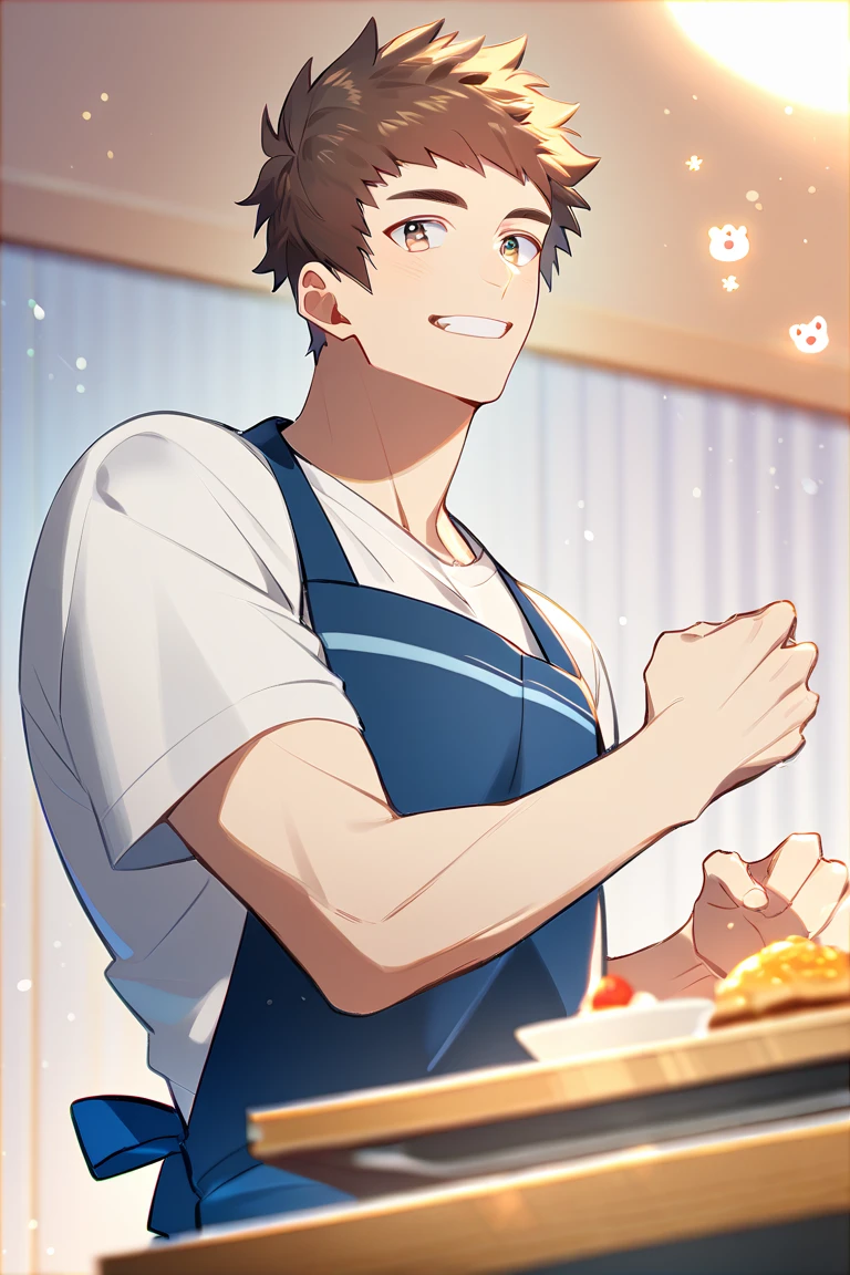 score_9, score_8_up, score_7_up, score_6_up, score_5_up, score_4_up, cute face, year 2023, shingo, yabuki, brown hair, blue apron, white shirt, amazing quality, best aesthetic, absurdres<lora:EMS-342688-EMS:1.000000>