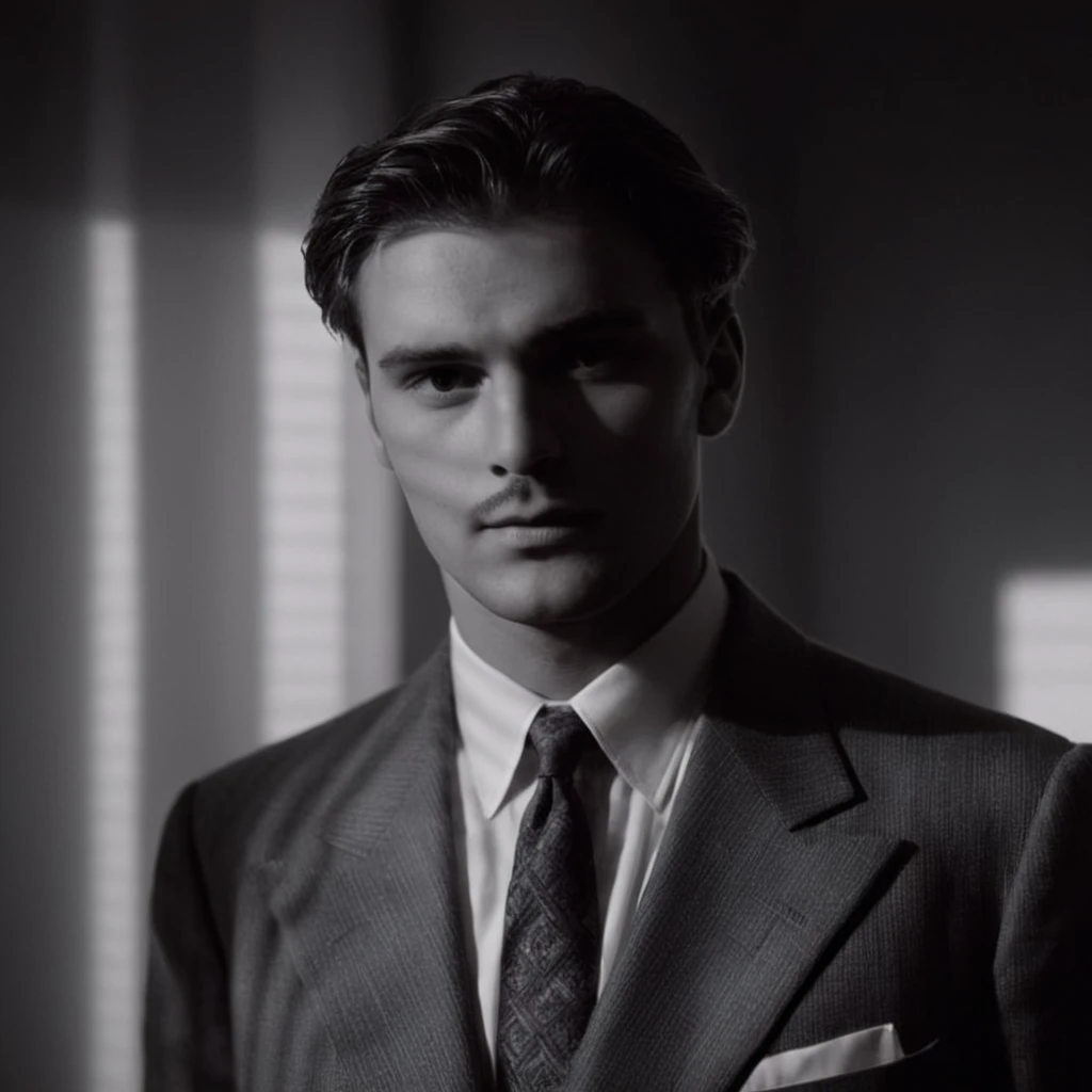 cinematic film still of <lora:casting shadow style:1>
<lora:Chiaroscuro Lighting Style:1>
<lora:eyetune:1>
A cucoloris patterned illumination casting a shadow on a 1940's man in a suit and tie standing in a room,solo,shirt,1boy,monochrome,upper body,greyscale,male focus,necktie,collared shirt,blurry,facial hair,formal,suit,cinematic,film,filmic,casting shadow,venetian blinds casting shadow light,shadow on face,face partially covered in shadow,different shadow,window casting shadow light,cinematography,detailed,detailed background,detailed face,high quality,8k,cuculoris,kookaloris,cookaloris or cucalorus,light modifier,different light pattern,creative light,unique shadow , casting shadow style, shallow depth of field, vignette, highly detailed, high budget, bokeh, cinemascope, moody, epic, gorgeous, film grain, grainy