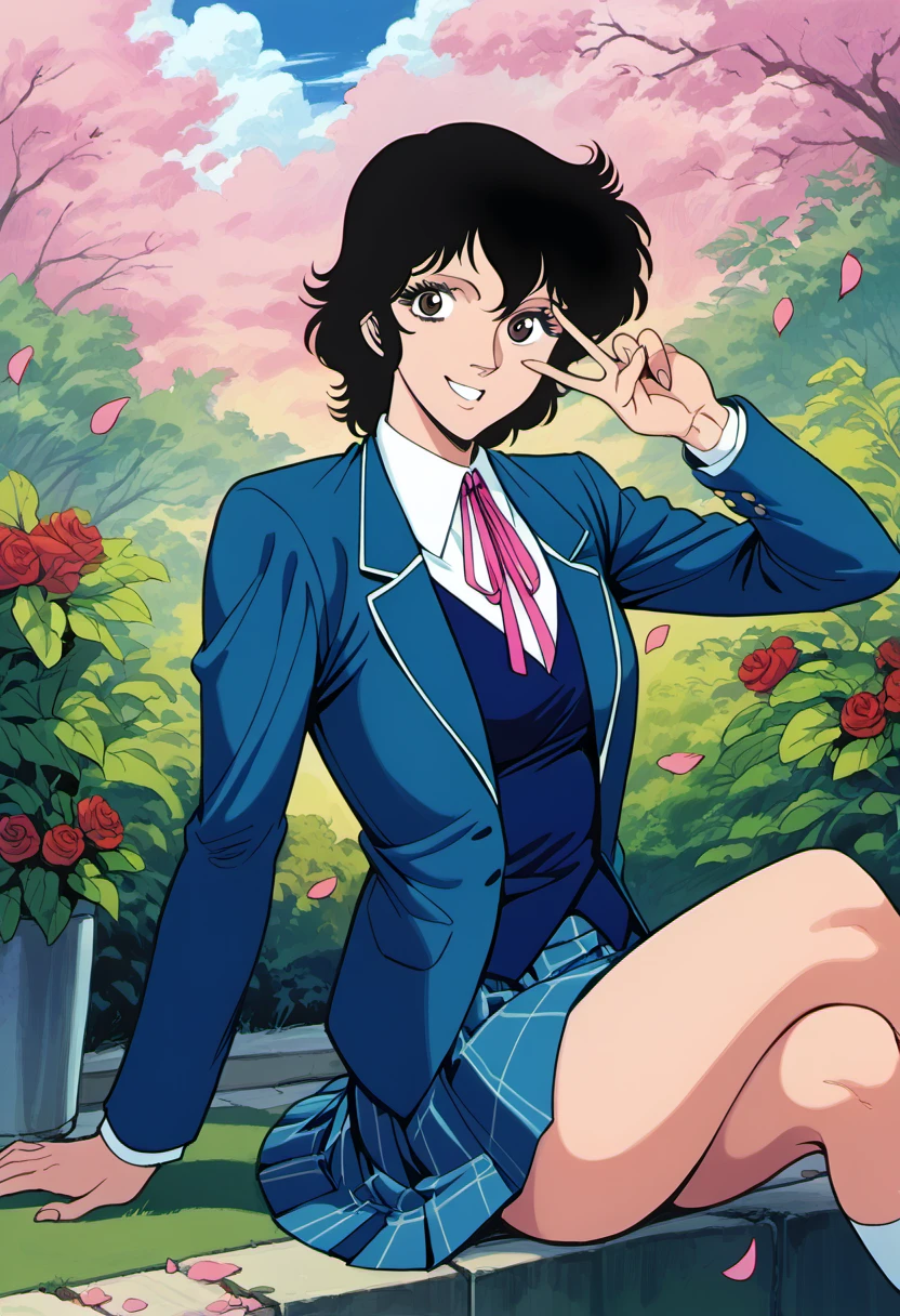 score_9,score_8_up,score_7_up,masterpiece,best quality,illustration, perfect composition, 1girl,fa1_k1s,v-sign,solo,looking at viewer,blue_school_uniform_white_shirt_pink_ribbon, garden background, smile, sitting, petals, (1980s (style), retro artstyle:0.7)