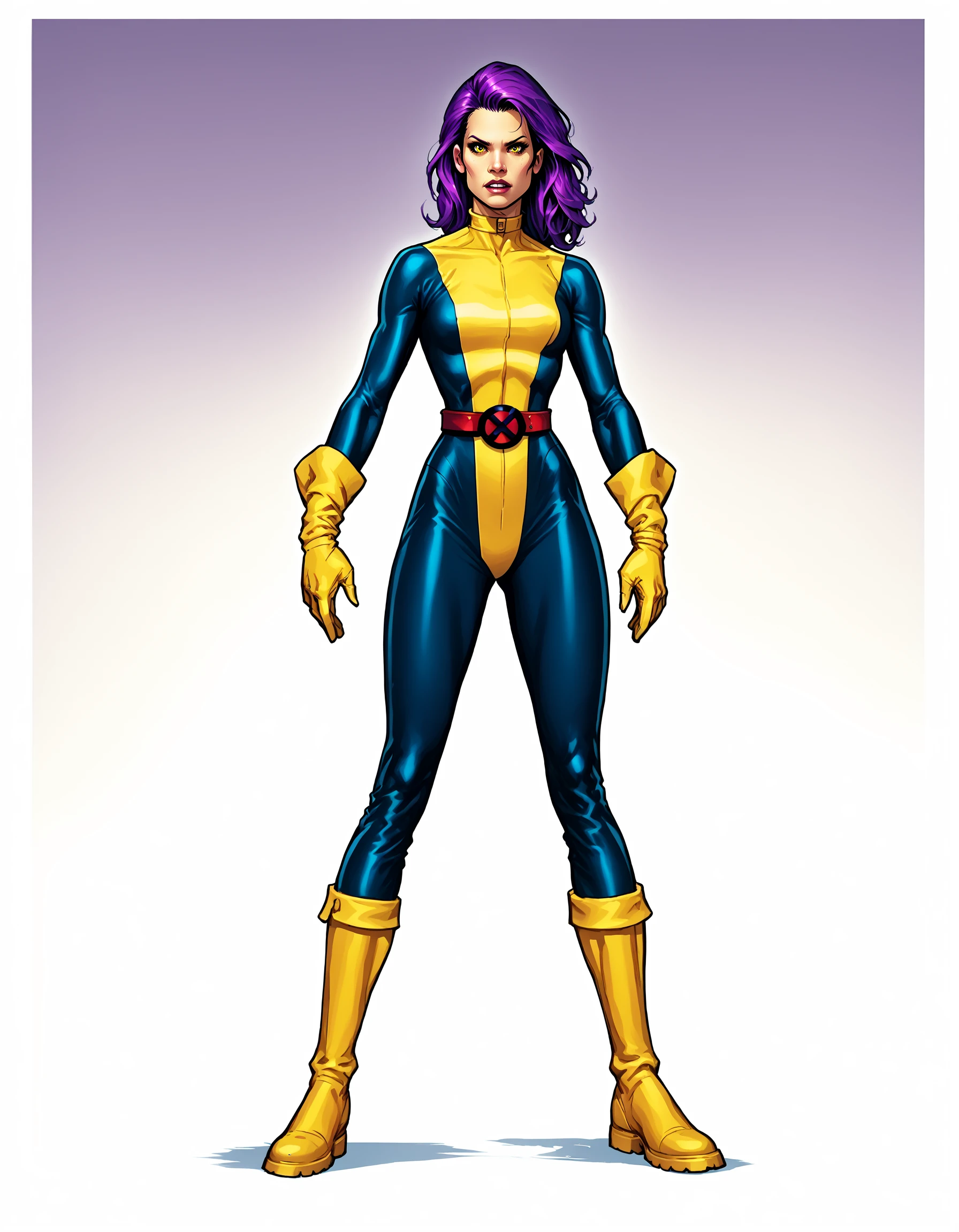 xmblzxl, 1girl, solo, gloves, purple hair, boots, bodysuit, belt, yellow gloves, yellow footwear, belt, two tone bodysuit, yellow bodysuit, blue bodysuit, PnyCmicXLPOS, <lora:XmenBluPnyXL:1>