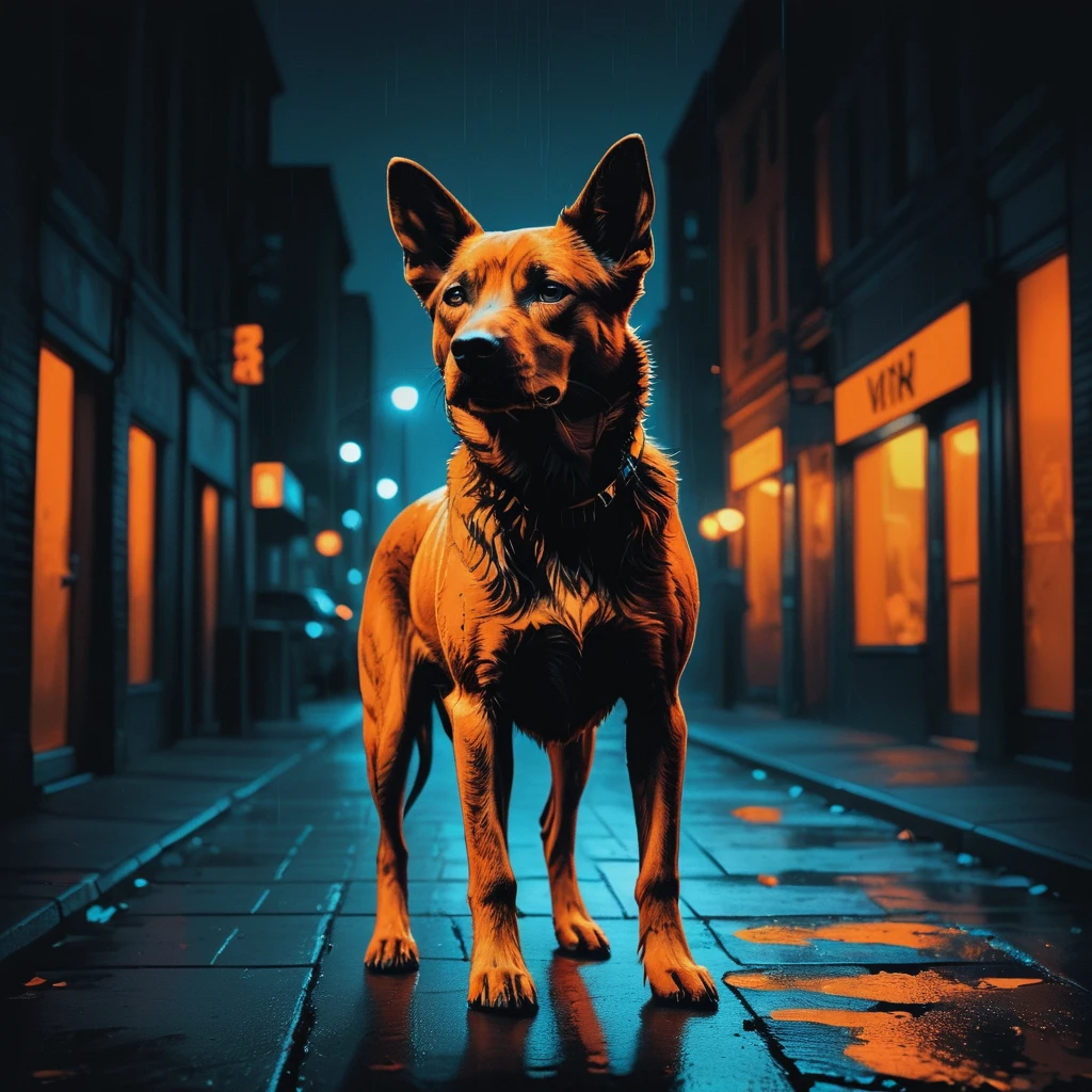 vbntnr dog in the dark city orange full body <lora:Vibrant_Noir_2-000018:1>