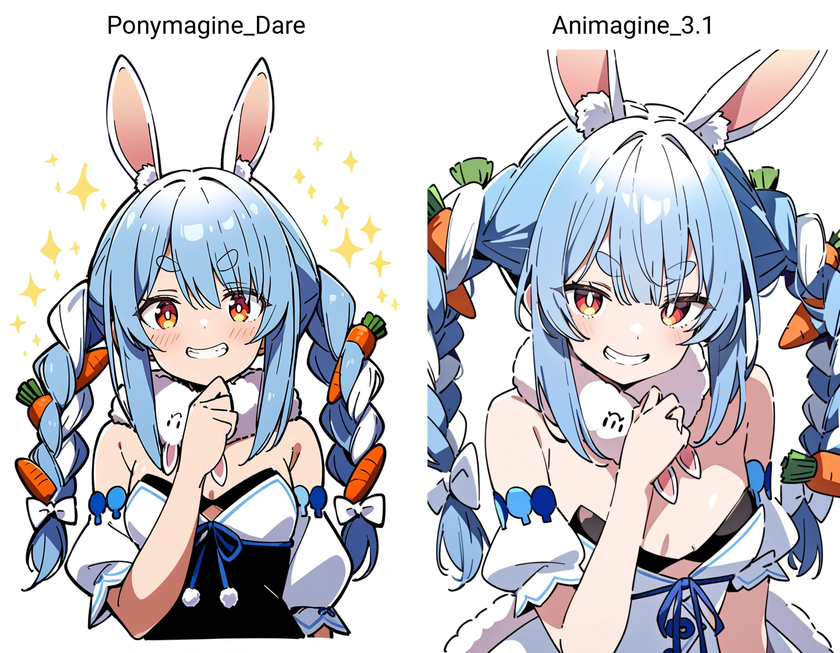 1girl, score_9, score_8_up, score_7_up, source_anime, masterpiece, newest, very aesthetic, ixy, don-chan \(usada pekora\), usada pekora, usada pekora \(1st costume\), hololive, 1girl, animal ear fluff, animal ears, blue hair, braid, breasts, carrot hair ornament, doyagao, dress, food-themed hair ornament, fur scarf, grin, hair ornament, long hair, looking at viewer, off-shoulder dress, off shoulder, portrait, rabbit ears, red eyes, simple background, small breasts, smile, smug, solo, thick eyebrows, twin braids, twintails, virtual youtuber, white background, white hair