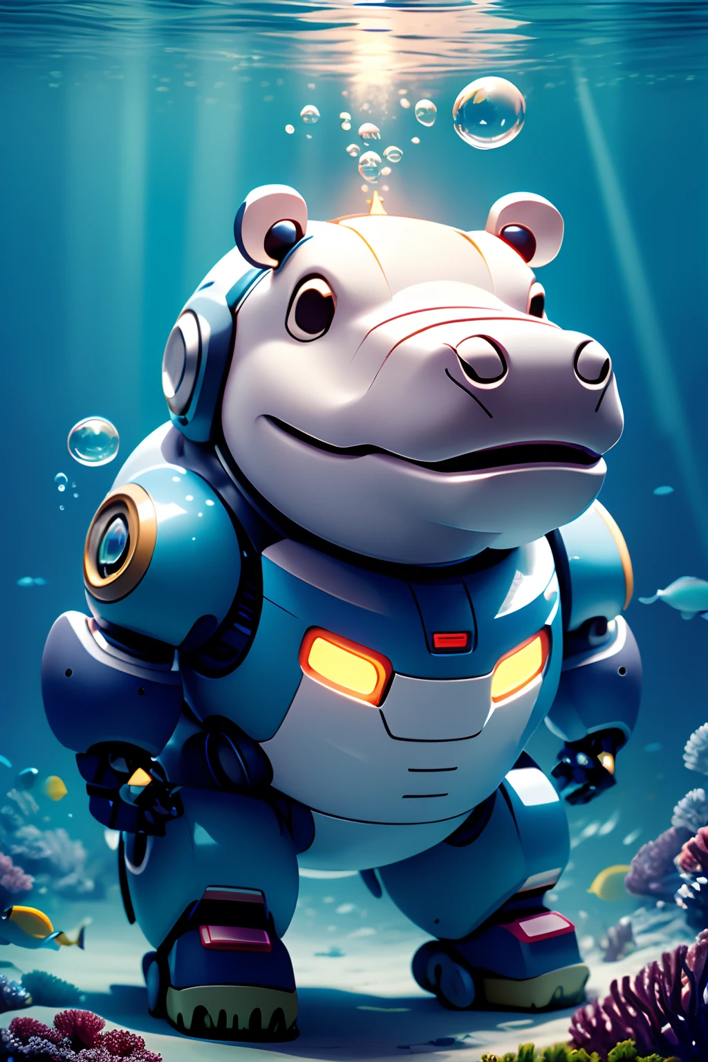 robotzoo, hippo mecha, cute,  standing, glowing, looking at viewer, solo, full body <lora:ç»å¨æºç²å¨ç©å­robotzoo_v1.0:0.75>,underwater, (Bubble:1.2)