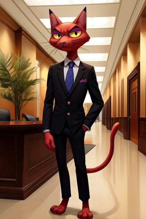 male, solo, katz \(courage the cowardly dog\), anthro, feline, whiskers, red fur, long tail, cat tail, eyeliner, eyeshadow, eye bags, half-closed eyes, formal wear, black jacket, necktie, business suit, fancy, pantsless, full-length portrait, null, crotch tuft, yellow sclera, slit eyes, rear view, head turned, looking at viewer, frown, bored, casual, handsome, masculine, slim, thin legs, standing, adjusting clothing, button \(fastener\), lobby, office, corporation, chandelier, detailed background, fewer digits, 4 fingers, 3 toes, masterpiece, extreme detail, hand on chest