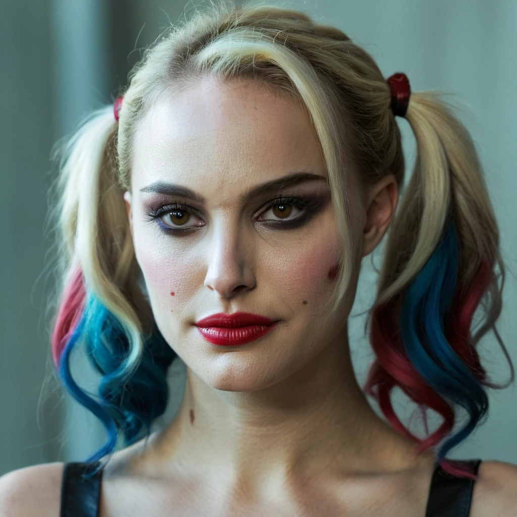 natxportman,High res closeup portrait photo of an actress dressed as Harley Quinn, f /2.8, Canon, 85mm,cinematic, high quality, skin texture, looking at the camera, <lora:natportman_smaller_xl_1_standard_wo_cap-merger_8_40_035_065-natxportman:1.1>,