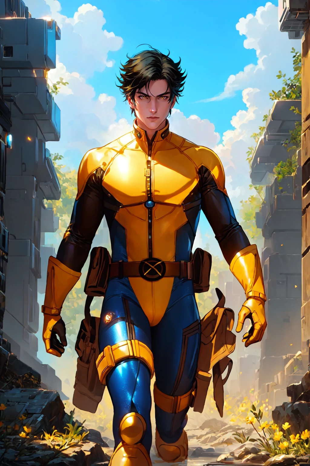 (masterpiece, best illustration, extreme light and shadow), xmblzxl, 1boy, male focus, black hair, short hair, yellow eyes, BREAK belt, bodysuit, two tone bodysuit, yellow bodysuit, blue bodysuit, depth of field, (mature), outdoors, battlefield, perfect face, side lighting, lustrous skin, (bloom), (shine), <lora:XMenblue15:1>