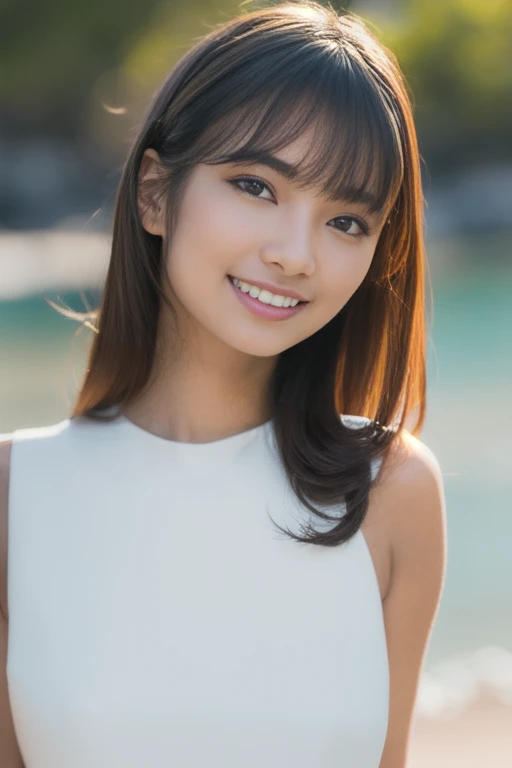 1girl, solo,(white dress:1.6),(RAW photo, best quality), (realistic, photo-realistic:1.6), masterpiece, an extremely delicate and beautiful, extremely detailed, 2k wallpaper, Amazing, finely detail, extremely detailed CG unity 8k wallpaper, ultra-detailed, highres, beautiful detailed girl, extremely detailed eyes and face, beautiful detailed nose, beautiful detailed eyes,(sky:1.4),(beach:1.4),perfect anatomy,(bokeh backgound:1.4),(slender body:1.4),(blight smile:1.2),(looking at viewer:1.0),(young japanese idol:1.4), (brown eyes:1.2), dalcefo, <lora:kounomarika_lora-chilled_02:1.2>
