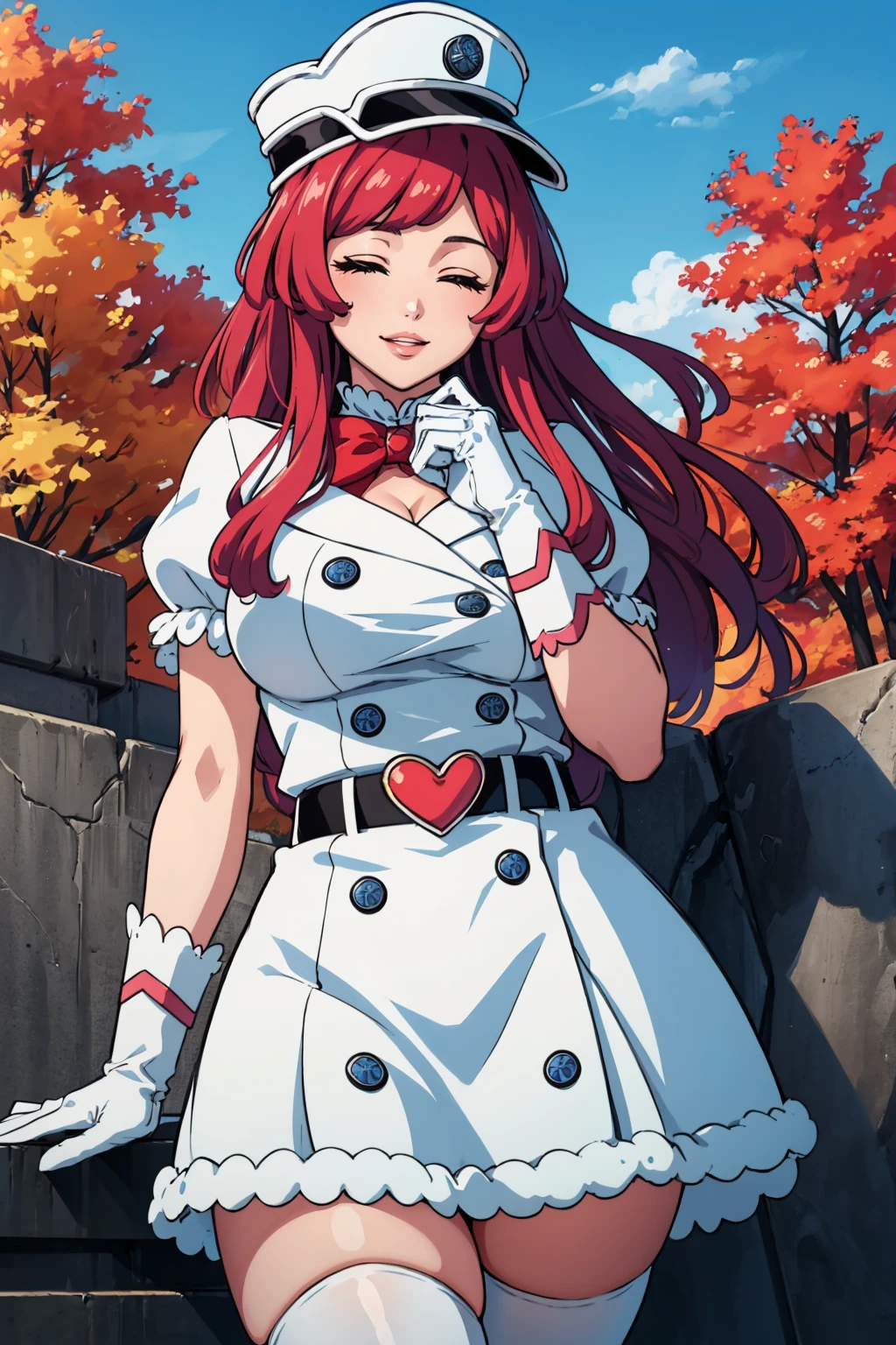 masterpiece, best quality, 1girl, <lora:meninas-nvwls-v1-000009:0.9> meninas, white hat, red bow, white dress, short sleeves, puffy sleeves, belt, white thighhighs, white gloves, large breasts, closed eyes, smile, hand on own chest, autumn, blue sky