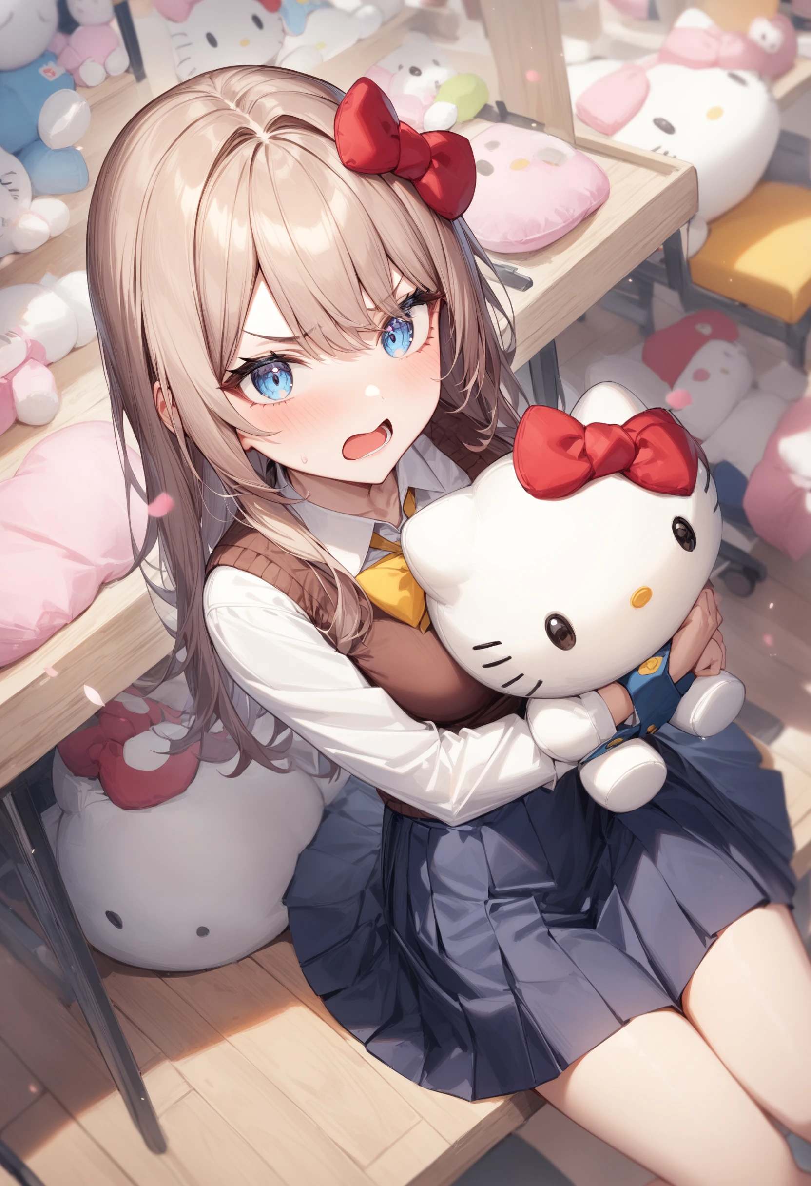 1girl, <lora:sdxl2-flat2-512b:-1>,medium breasts,school uniform,
hello kitty, stuffed toy, holding,holding stuffed toy,<lora:hellokitty_XL_v1:0.7>
from above, feet out of frame, looking to the side, annoyed, trade fair, open mouth,
masterpiece, best quality, very aesthetic, absurdres