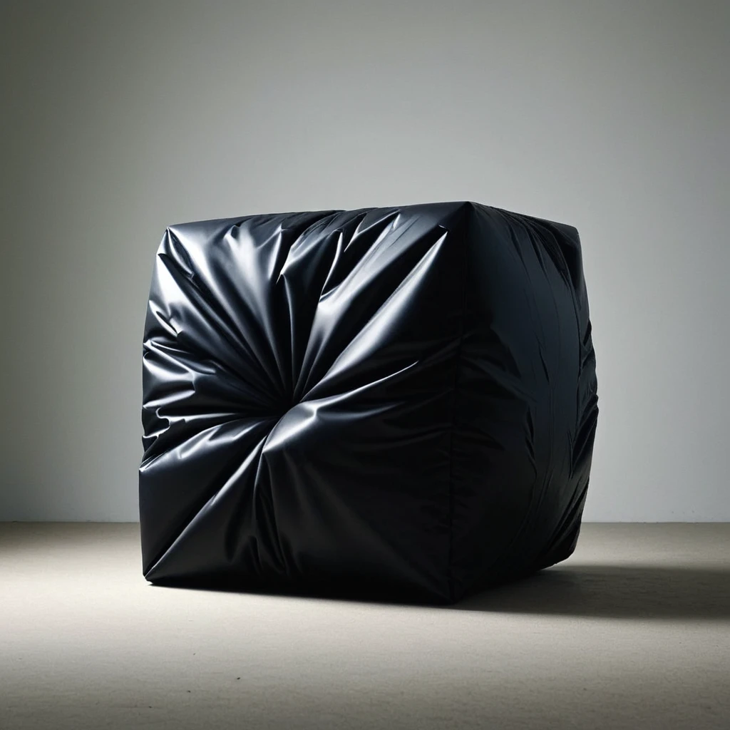 a black deflated cube draped over a chair<lora:deflated-000006:1>