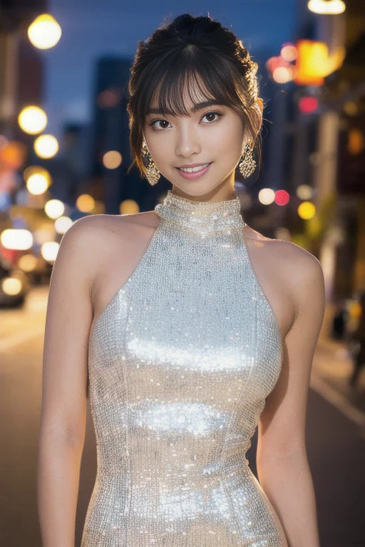 1girl, solo,(high slit dress:1.6),(RAW photo, best quality), (realistic, photo-realistic:1.6), masterpiece, an extremely delicate and beautiful, extremely detailed, 2k wallpaper, Amazing, finely detail, extremely detailed CG unity 8k wallpaper, ultra-detailed, highres, beautiful detailed girl, extremely detailed eyes and face, beautiful detailed nose, beautiful detailed eyes,(night downtown:1.8),perfect anatomy,(bokeh backgound:1.4),(slender body:1.4),(blight smile:1.2),(looking at viewer:1.0),(young japanese idol:1.4), (brown eyes:1.2), dalcefo, <lora:kounomarika_lora-chilled_02:1.2>