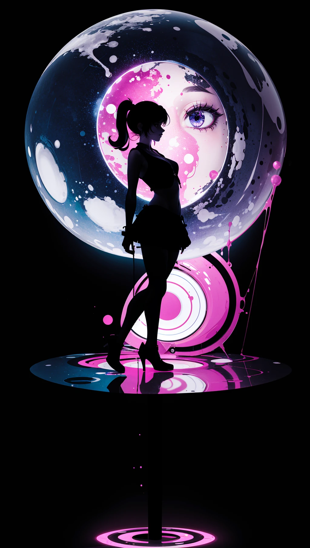 (silhouette:1.25),1girl,dark background,blacklight,mid shot,full body,somber expression,looking down,dark energy,vibrant magenta,portal to another world,flat color,flat shading,ultra realistic,highres,superb,8k wallpaper,extremely detailed,intricate,limited palette,pink,
