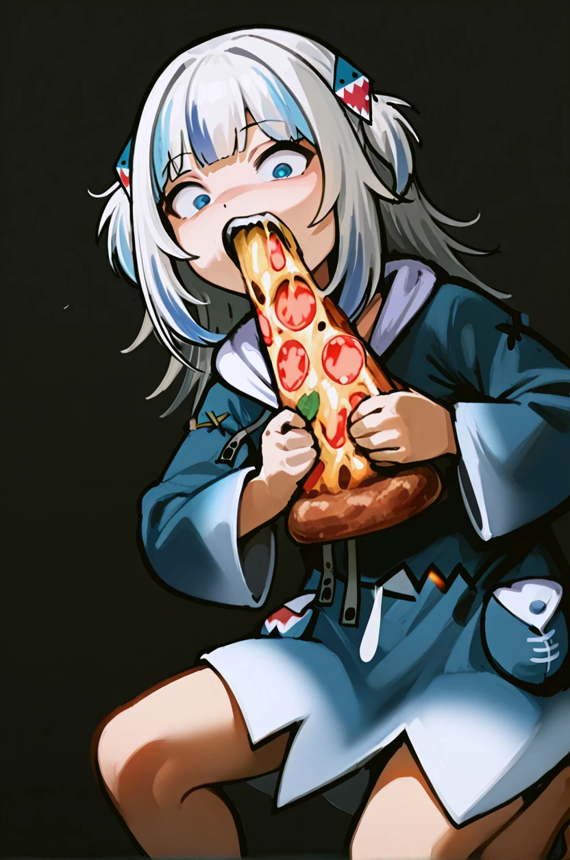 1girl, gawr gura \(1st costume\), hololive, sdhs, holding, holding food, holding pizza, pizza, eating, biting, black background, bare legs, looking at viewer, hood down, feet out of frame, wide-eyed, simple background, masterpiece, best quality, latest <lora:sdhs:1>