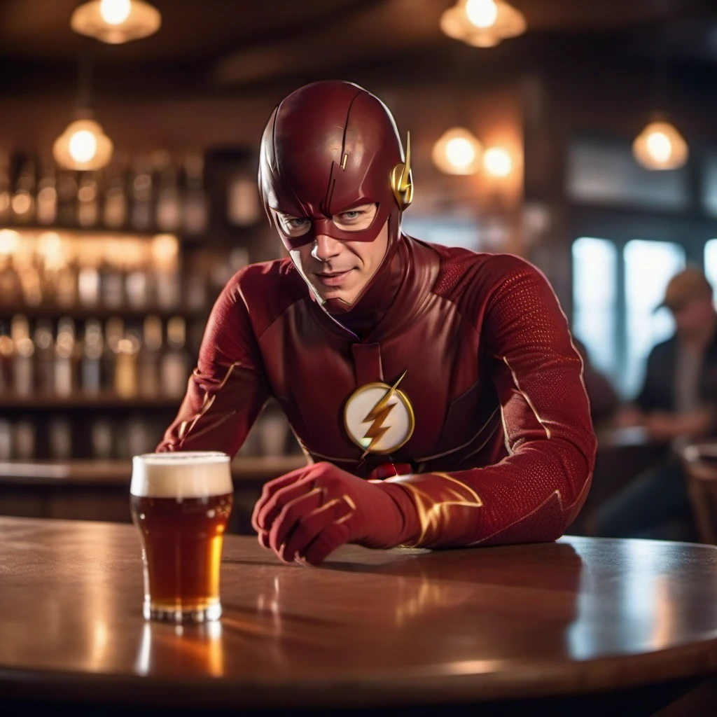 cinematic photo a full body The Flash holds a beer in a pub, several empty beerglasses <lora:TheFlashCW1024:0.8> . 35mm photograph, film, bokeh, professional, 4k, highly detailed