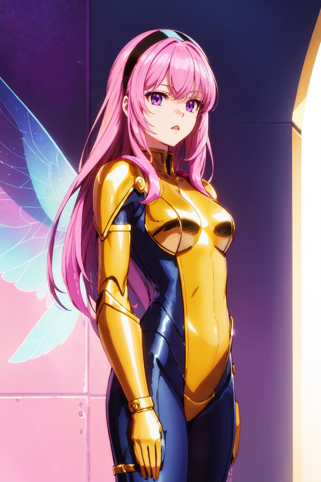 (masterpiece, best illustration, extreme light and shadow), xmblzxl, 1girl, solo, wings, hairband, pink hair, long hair, armor, purple eyes, BREAK belt, bodysuit, two tone bodysuit, yellow bodysuit, blue bodysuit, depth of field, (mature), perfect face, side lighting, lustrous skin, (bloom), (shine), <lora:XMenblue15:1>