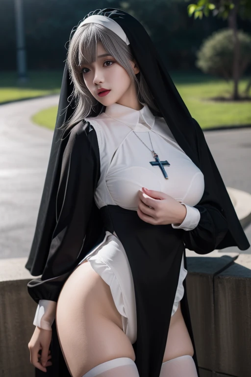 a beautiful nun, detailed realistic eyes, long black hair, big breasts, sexy pose, erotic, nipples, japanese woman, slim waist, large buttocks, beautiful buttocks, tattoo on back, cross, holy bible, church interior, photorealistic, highly detailed, masterpiece, dramatic lighting, cinematic, muted colors