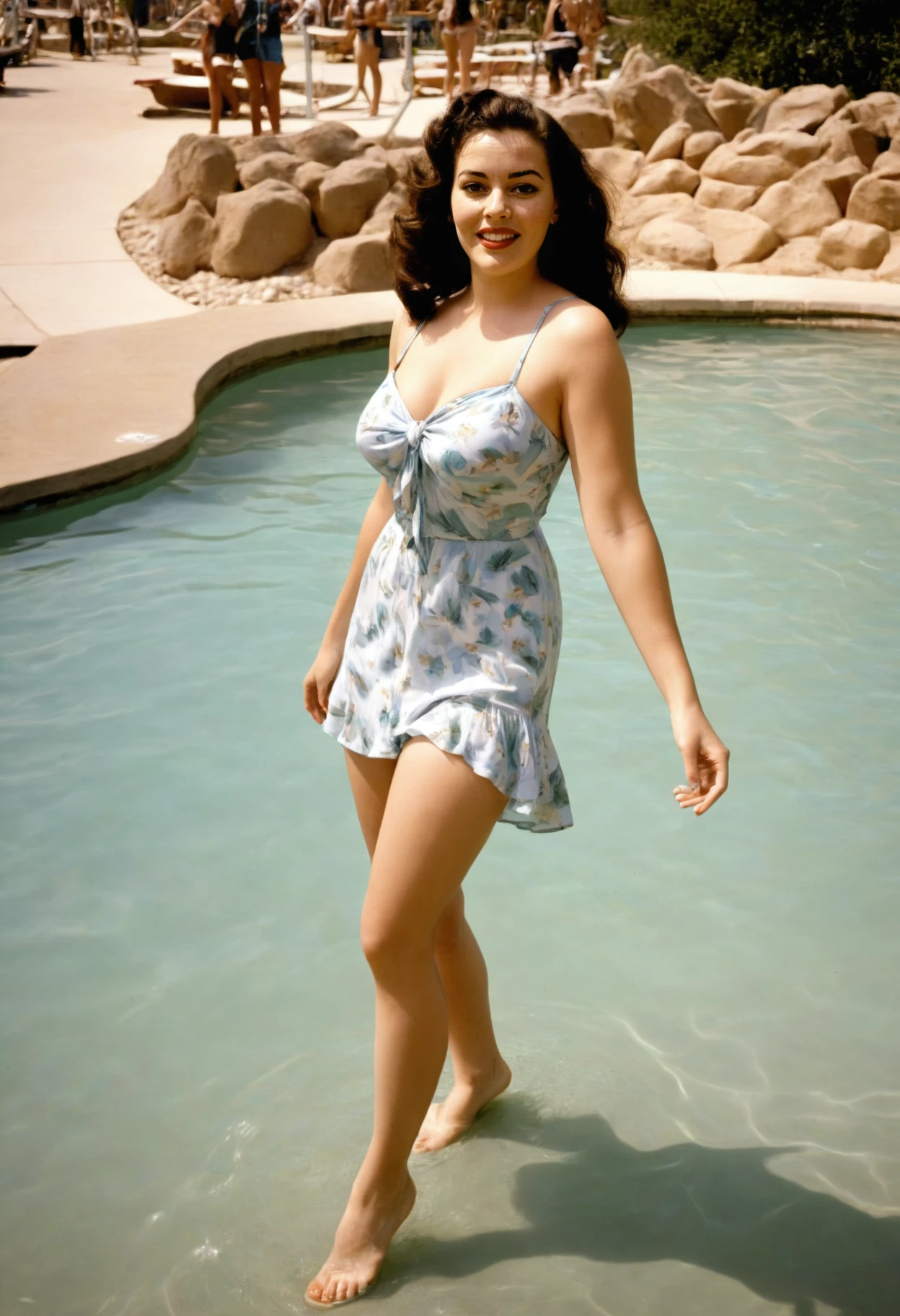 <lora:vintage-XL:1.3> vintage, a northern woman, ,a woman wearing summer dresses, water park, curvy