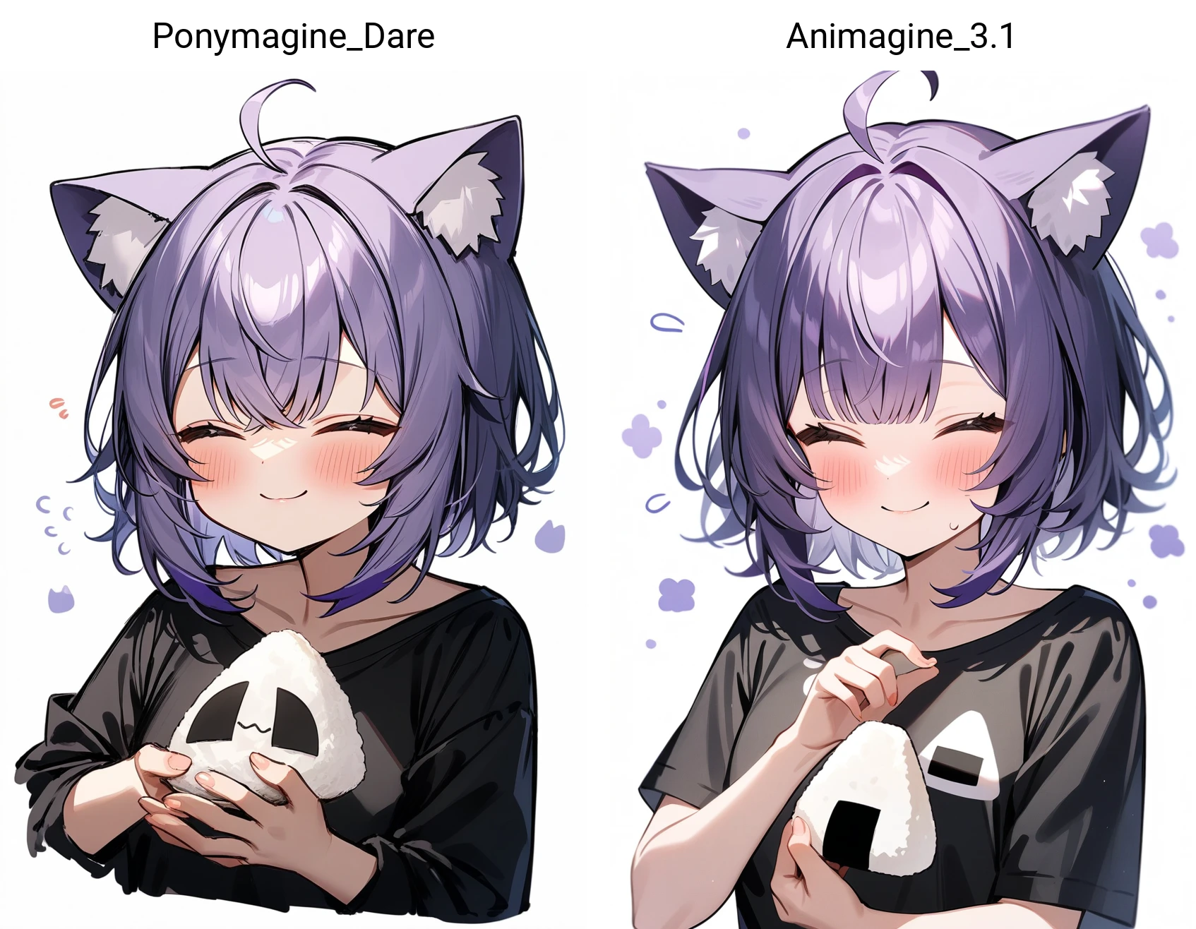 1girl, score_9, score_8_up, score_7_up, source_anime, masterpiece, newest, very aesthetic, 13o, nekomata okayu, hololive, bad id, bad pixiv id, highres, 1girl, ahoge, animal ear fluff, animal ears, black shirt, blush, cat ears, cat girl, chibi, closed eyes, closed mouth, food, food print, messy hair, onigiri, onigiri print, purple hair, shirt, short hair, simple background, sleepy, smile, solo, upper body, virtual youtuber, white background