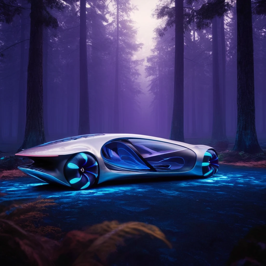 cinematic film still of  <lora:Mercedes AVTR:0.8>
 <lora:Unreal Engine style:0.5>
Mercedes AVTR a futuristic car front view is shown in a purple background,Inspired by the future,Mercedes-Benz,VISION AVTR,outdoors,tree,no humans,night,ground vehicle,nature,motor vehicle,forest,reflection,car,vehicle focus,sports car , detailed background, futuristic car, shallow depth of field, vignette, highly detailed, high budget, bokeh, cinemascope, moody, epic, gorgeous, film grain, grainy