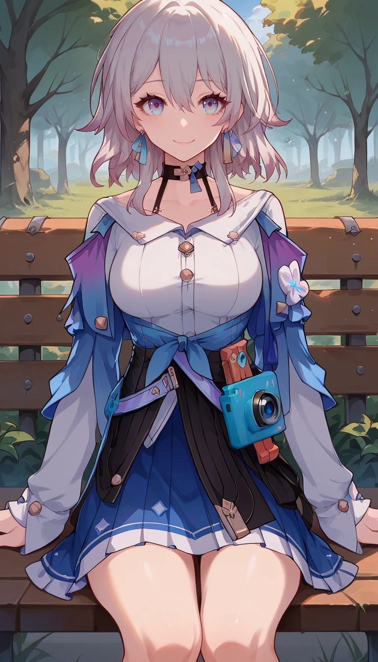 score_9, score_8_up, score_7_up, 1girl,  <lora:march7th_pdxl:1>  march7th, choker, long sleeves, skirt, earrings, blue jacket, smile, camera, thighs, large breasts park, bench, sitting