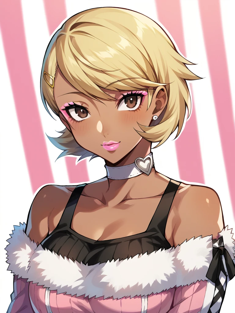 Score_9, score_8_up, score_7_up, score_6_up, gyaru, source_anime, 1girl, solo, white background, abstract rectangular background, upper body, looking at viewer, BREAK, Yukari Takeba, yukariwinter, persona 3, blonde hair, earrings, BREAK, thin pink lips, tanned skin, pink makeup, ribbed sweater, fur trim, bare shoulders, off shoulder, white choker, hairclip, <lora:ManbaXL3.2:0.5> <lora:persona3_takeba_ponyXL:1>