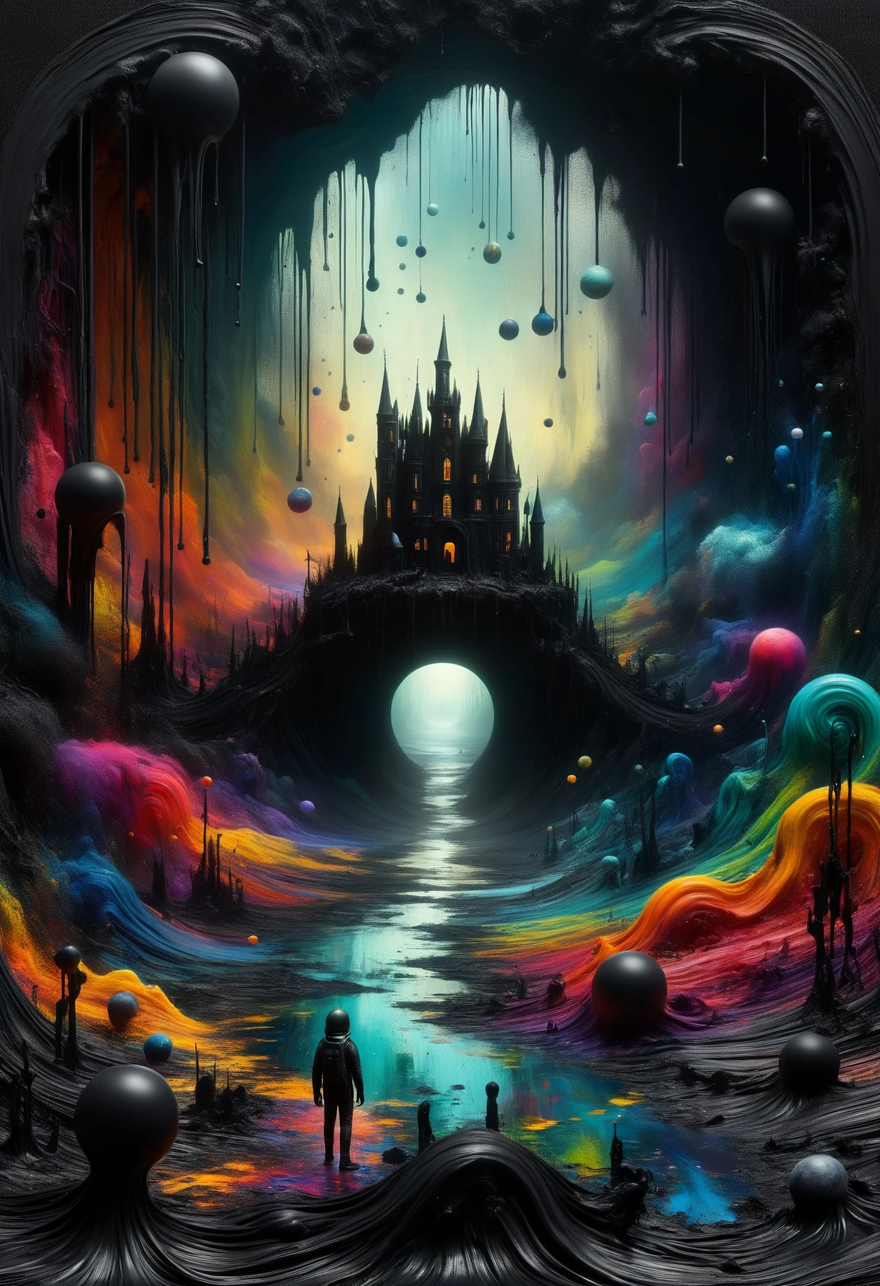 DonMP41n717Bl4ckXL  ruined kingdom, bog,teleportation,plankton,cosmic mysteries, vibrant colours, black paint <lora:DonMP41n717Bl4ckXL-000008:1>